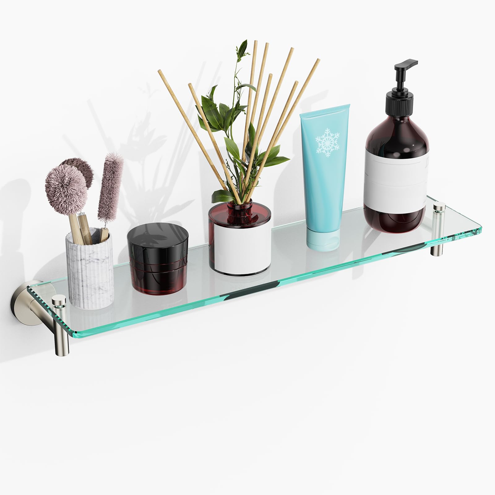 Phewnyzo  Glass Shelf for Bathroom 16 Inch Brushed Nickel Floating Wall Mounted Shelf Stainless Steel Tempered Glass Modern Storage for