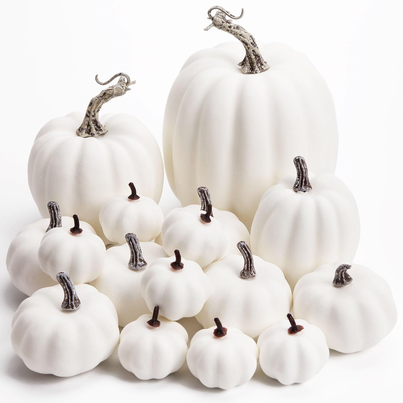 Linder Group Inc Artificial White Pumpkins Set of 16 Assorted Sizes Foam Fall Decor for Thanksgiving Halloween Table Centerpieces DIY Crafts Farmhouse Display
