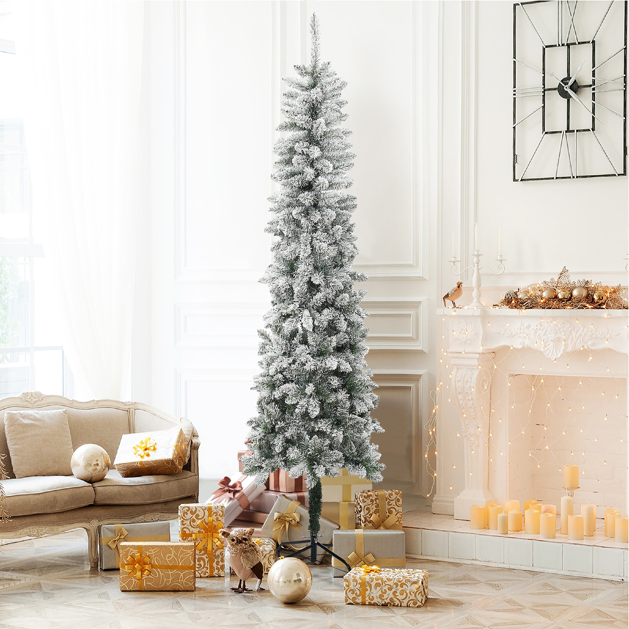 7.4ft Slim Flocked Green PVC Christmas Tree with Metal Stand