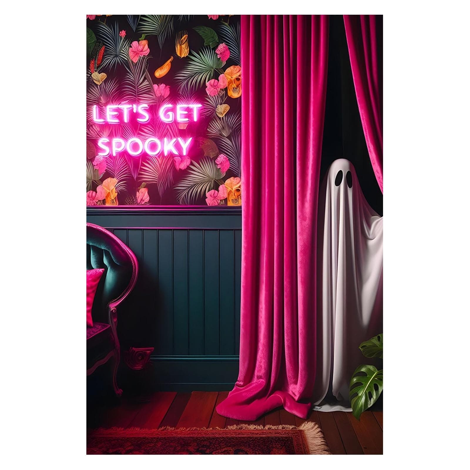 AOIZGMY  Cute Ghost Posters Lets Get Spooky Pink Neon Sign Print Gothic Feature Wall Art Decor Maximalist Gallery Wall Ideas Humor Halloween