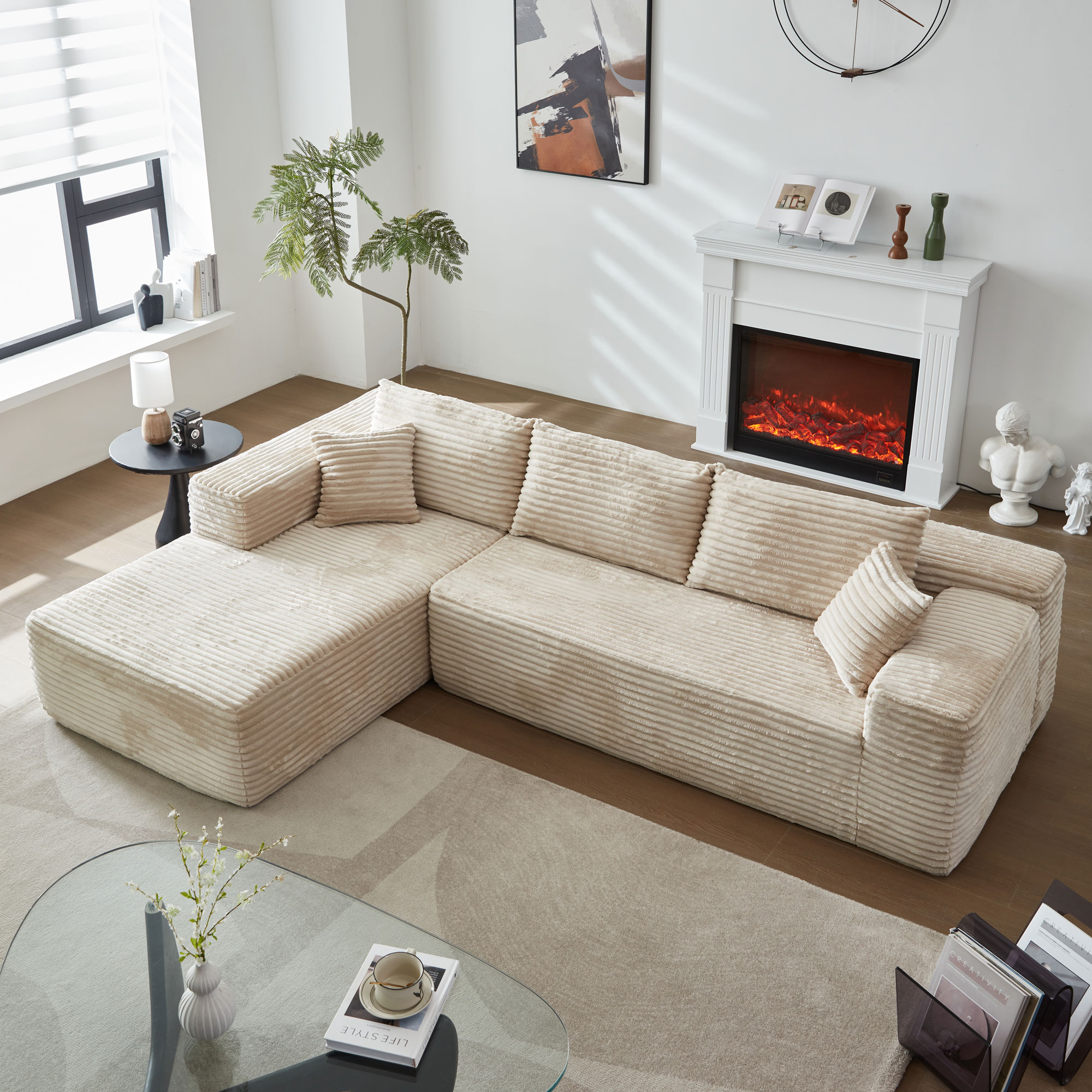 Ovios OVIVIL240 104.3-in Casual Off White(Plush Corduroy)-Left Chaise Sectional