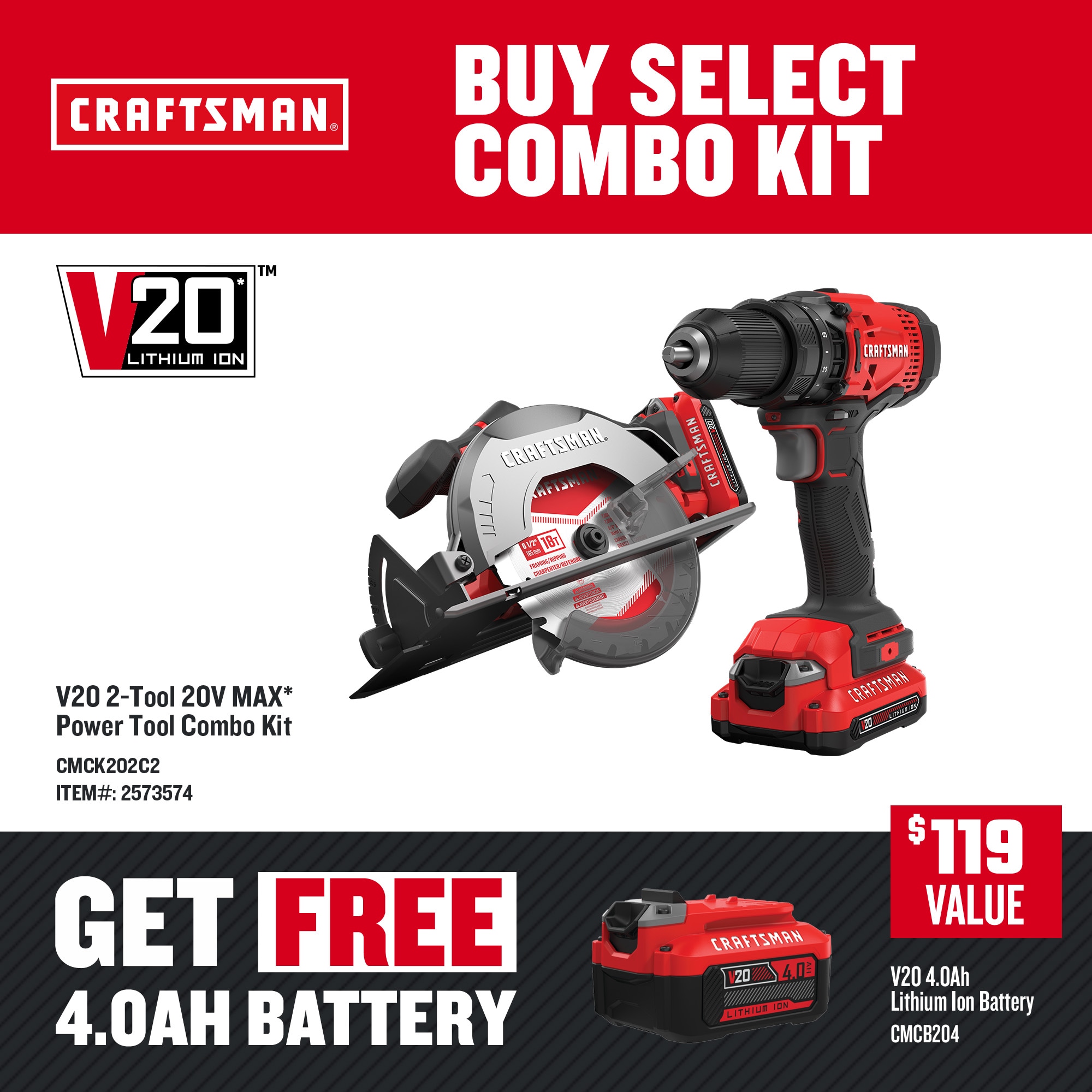 CRAFTSMAN V20 2-Tool Power Tool Combo Kit Case (Li-ion Batteries and  Charger Included) in the Power Tool Combo Kits department at