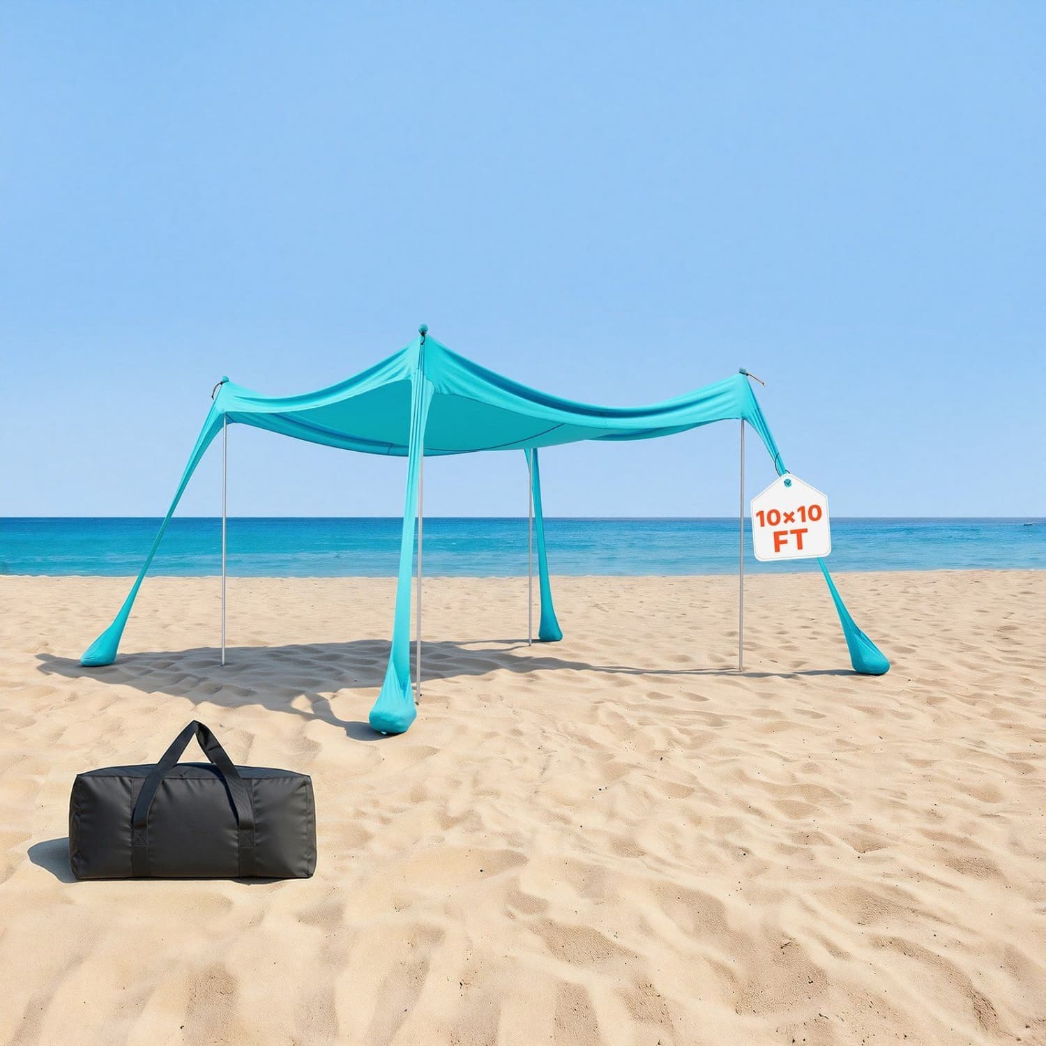Angel Sar Beach Tent Sun Shelter UPF50+ 10x10ft 6.6ft Tall Easy Setup with Sandbags Stability Poles Sand Shovel Portable for Family Camping Fishing