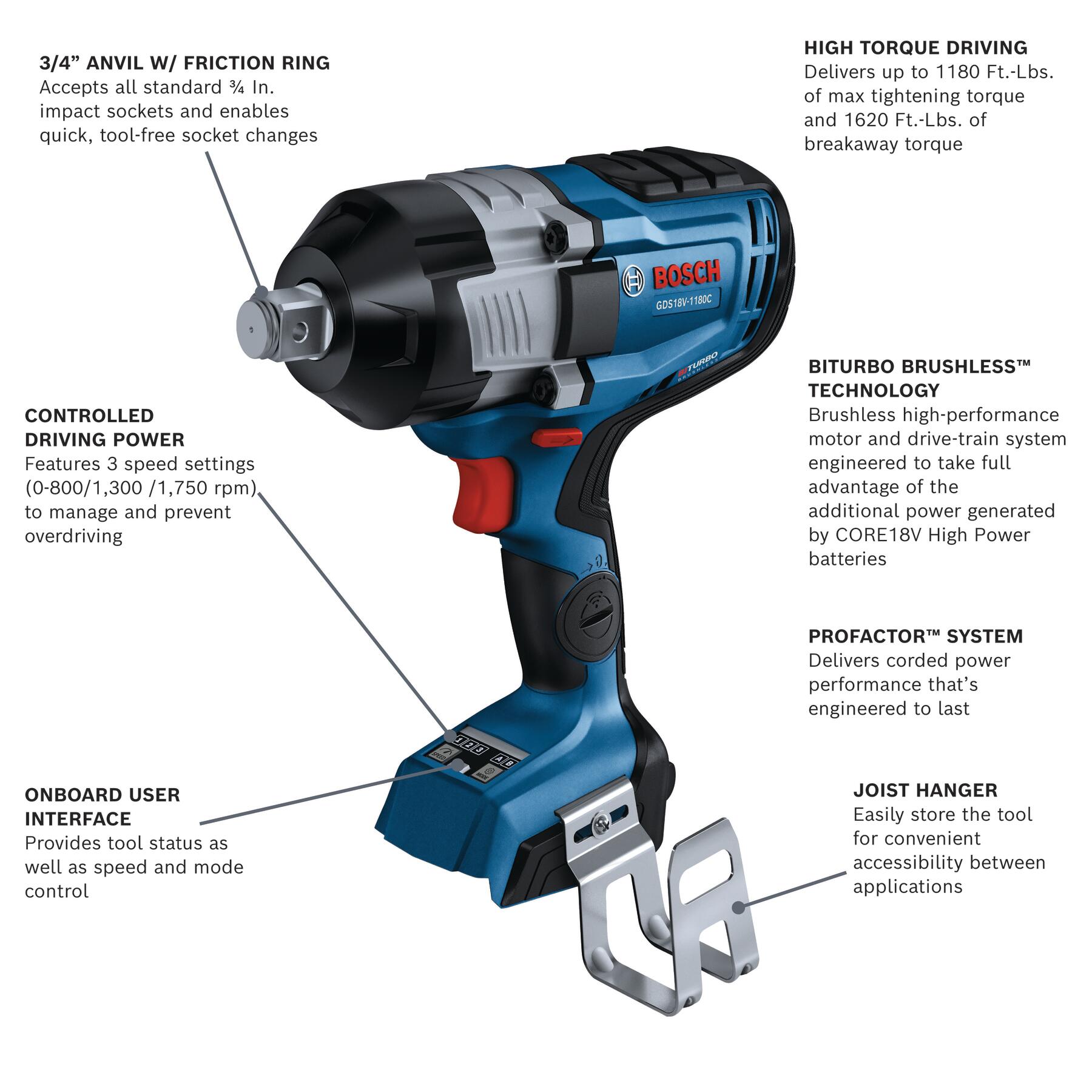 Bosch 8-Amp 18-volt Variable 3/4-in square Drive Cordless Impact Wrench (Bare Tool) GDS18V-1180CN Sansujyuku sansujyuku.com