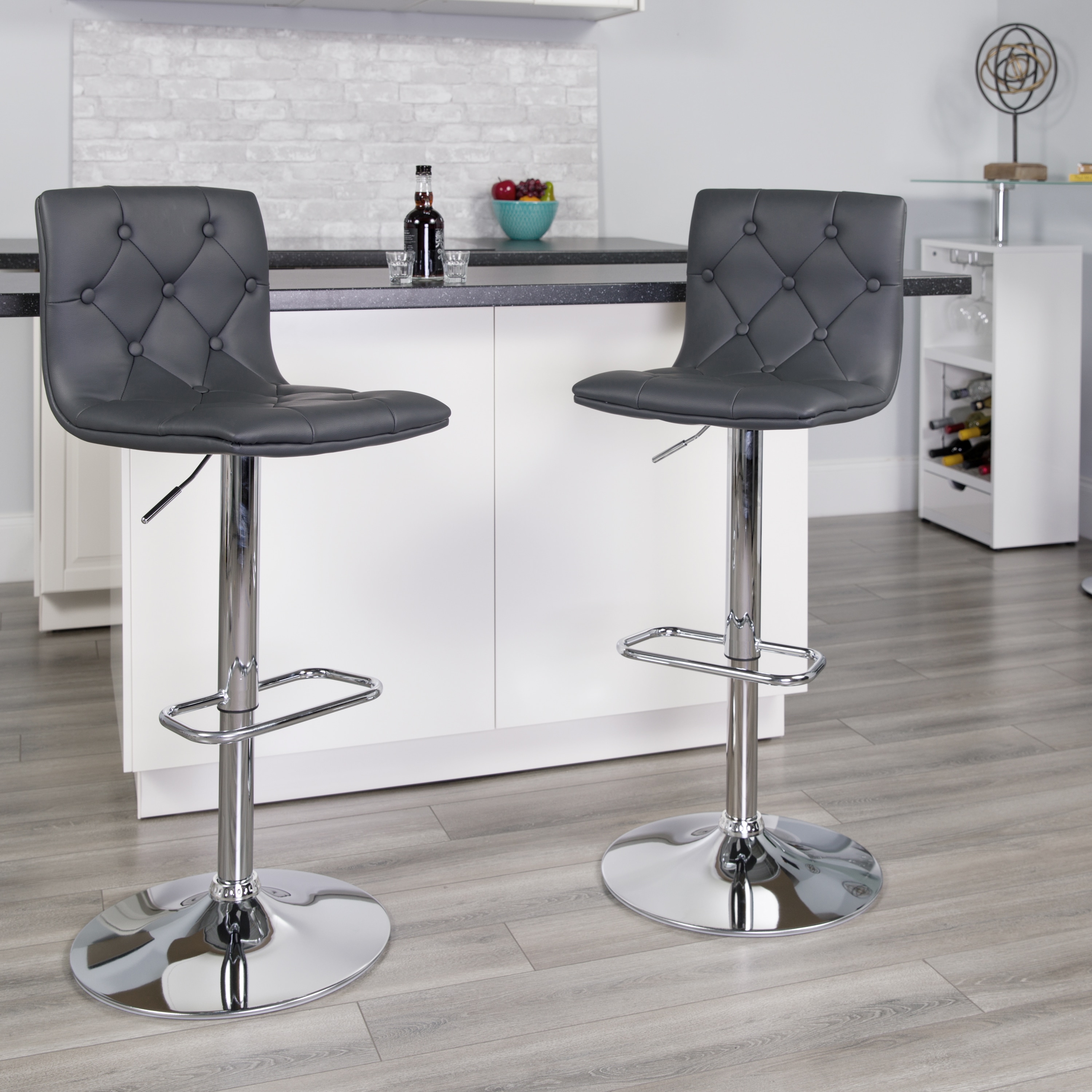 Flash Furniture 889142062158 Sammie 2 Pack Contemporary Button Tufted Gray Vinyl Adjustable Height Barstool with Chrome Base