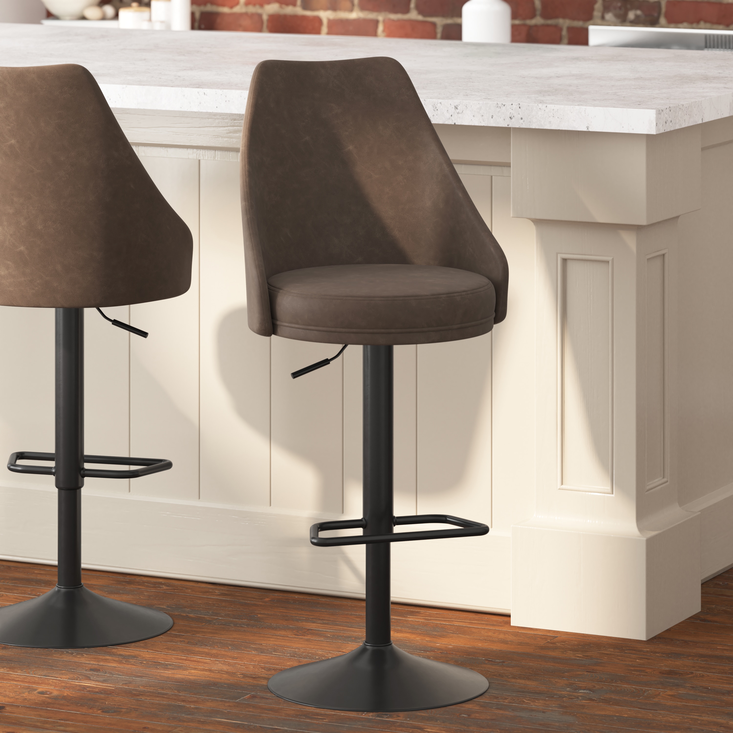 Taylor & Logan 196861090929 Cassie 2 -Set Brown Faux Leather/Black Frame 24.5-Inches H Adjustable Height Counter height Round seat Upholstered Swivel Metal Bar Stool and Back