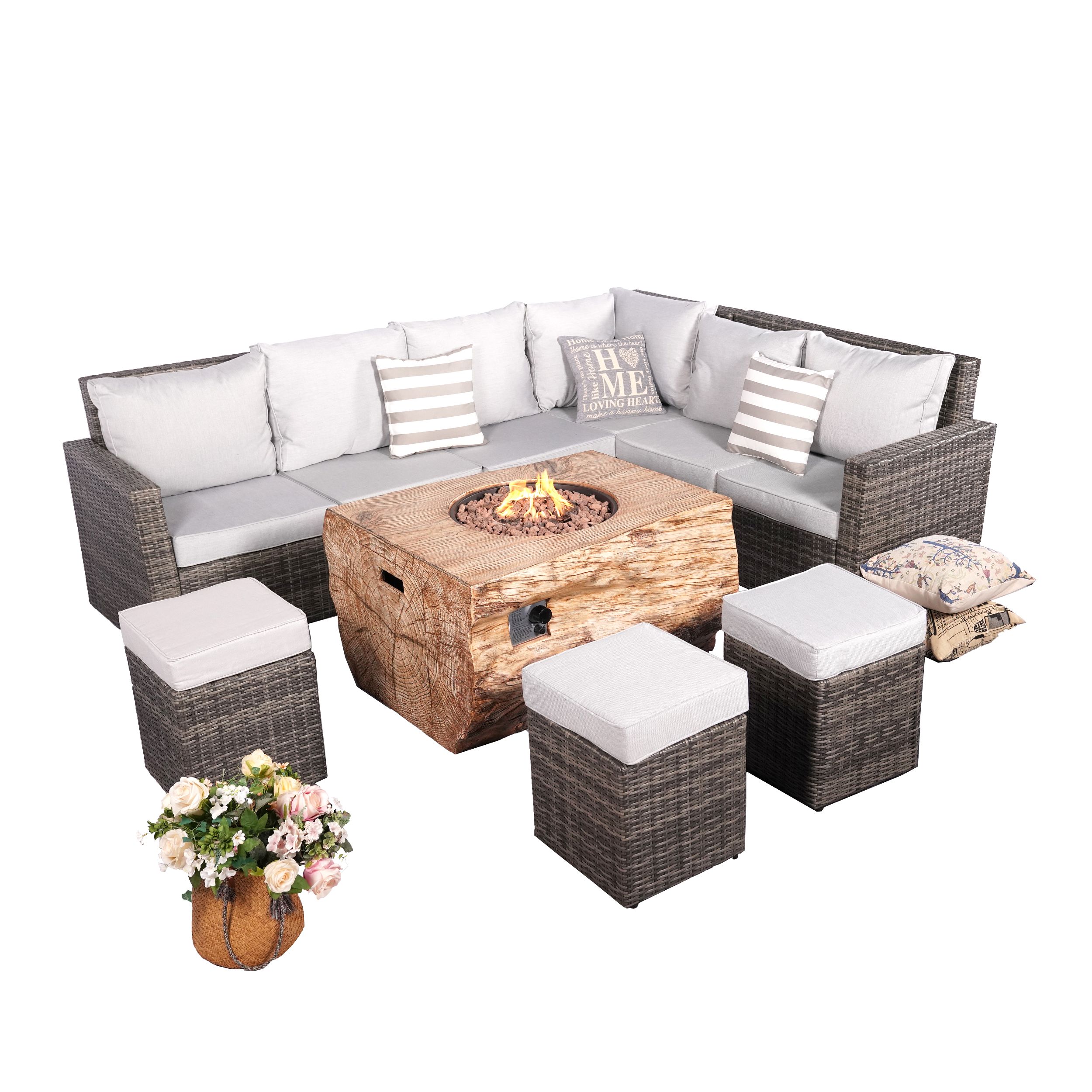 Moda Furnishings MAG-2170-1403-G 8-Piece Wicker Patio Conversation Set with Gray Cushions