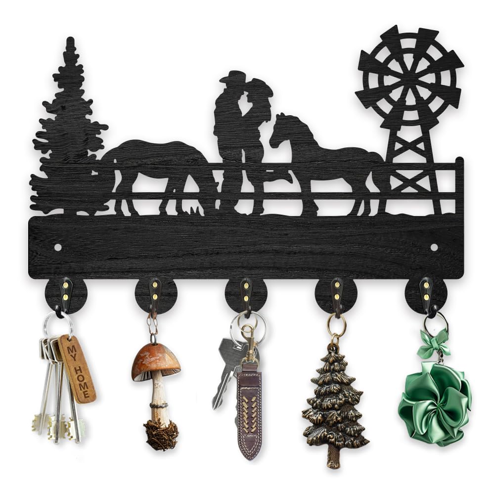 Adrinfly  Wood Cowboy Horse Farm Key Holder Wall Mounted with Five Alloy Hooks for Bedroom Kitchen Entryway Rustic Farmhouse Decor 11.8 by 7.9