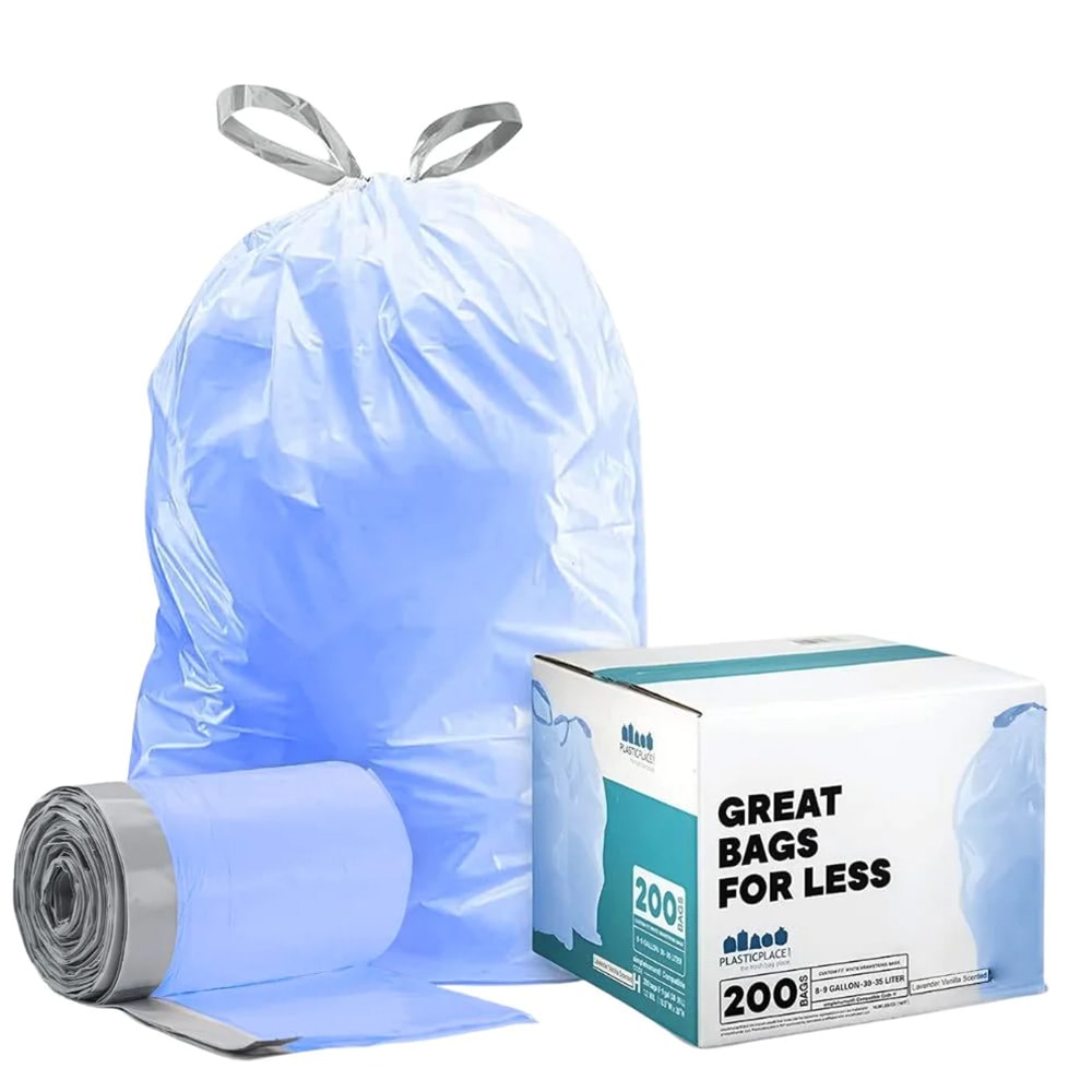 Plasticplace 10-Gallons Blue Plastic Kitchen Drawstring Trash Bag  (50-Count) in the Trash Bags department at