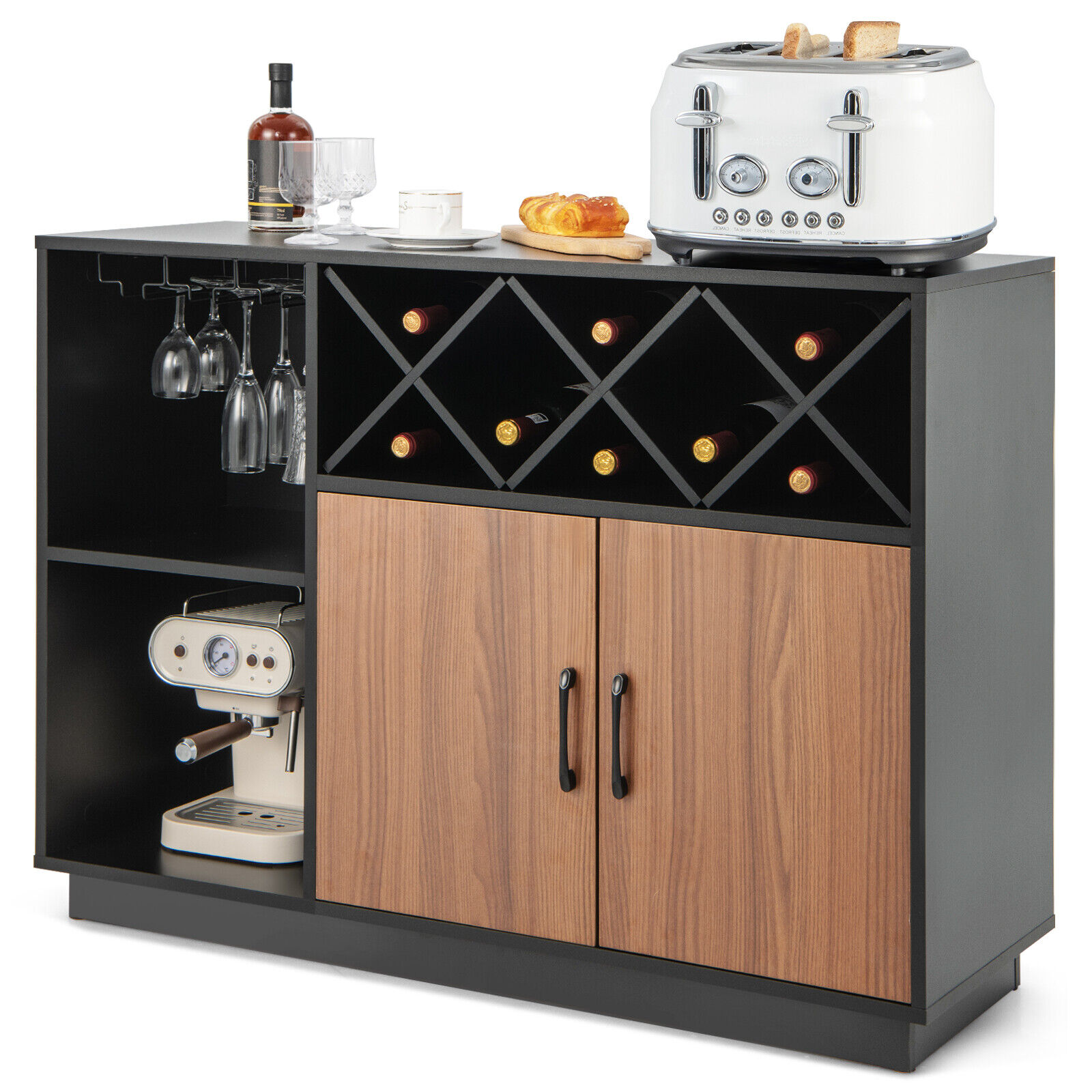 Slickblue D-CO-85701VJ Buffet Sideboard with Wine Rack and Glass Holder - Industrial Black and Brown Engineered Wood MDF Cabinet - Removable Wine Rack with 3-Row Glass Holder