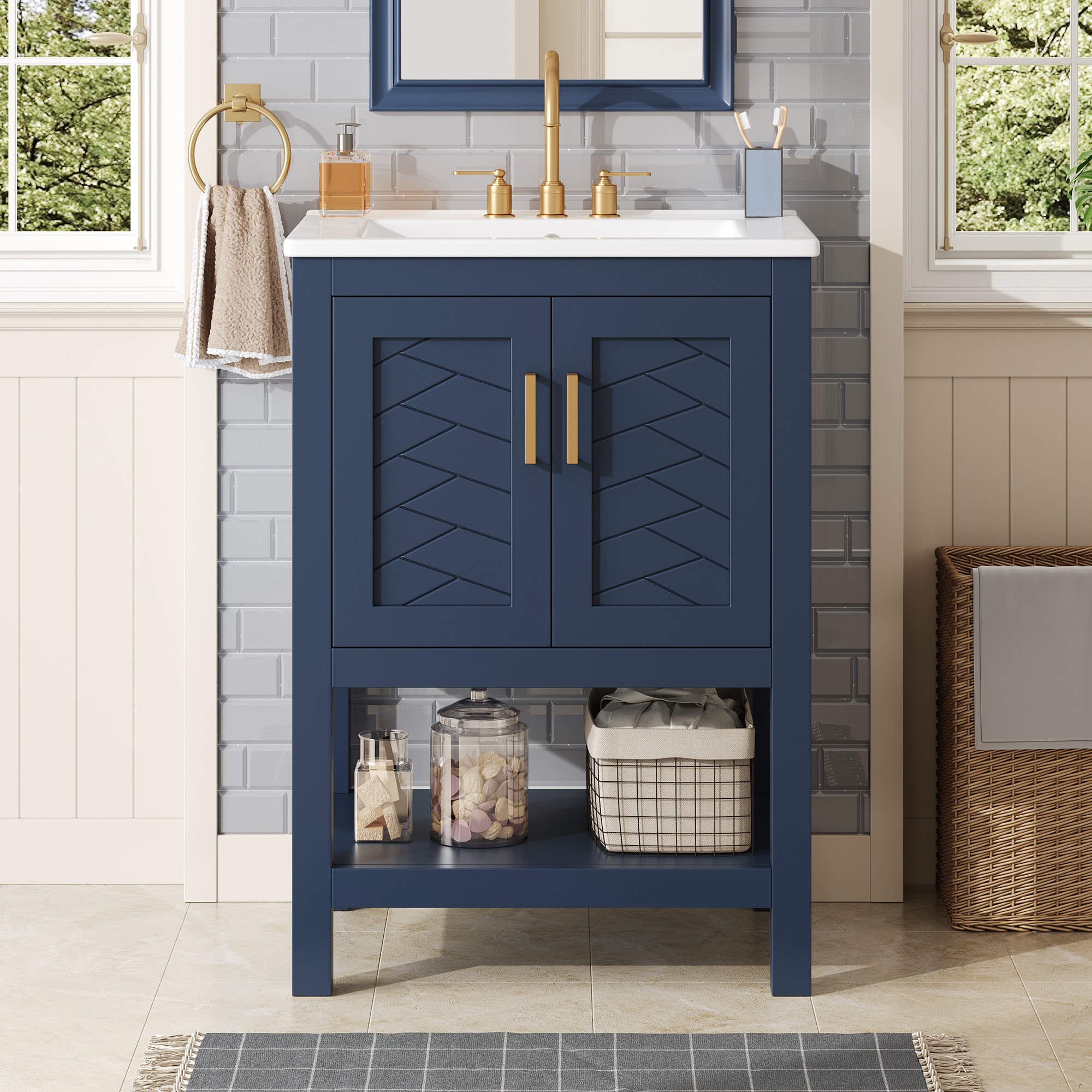 Afhocomp 24.00 in. Single Sink Freestanding Blue Bath Vanity with White Integral Ceramic Basin