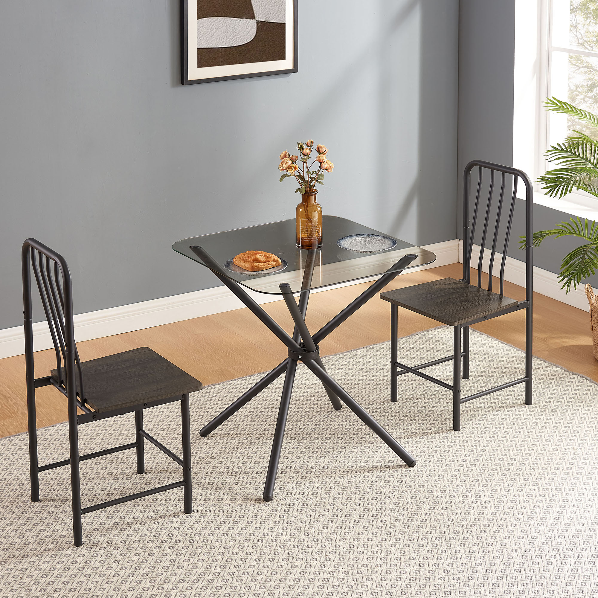 Sumyeg WF-HW54057BK-LA 3-Piece Black Brown Kitchen Dining Room Set ( Seats 2 ) Antique brown Contemporary/Modern Dining Room Set with Square Table ( Seats 2 )