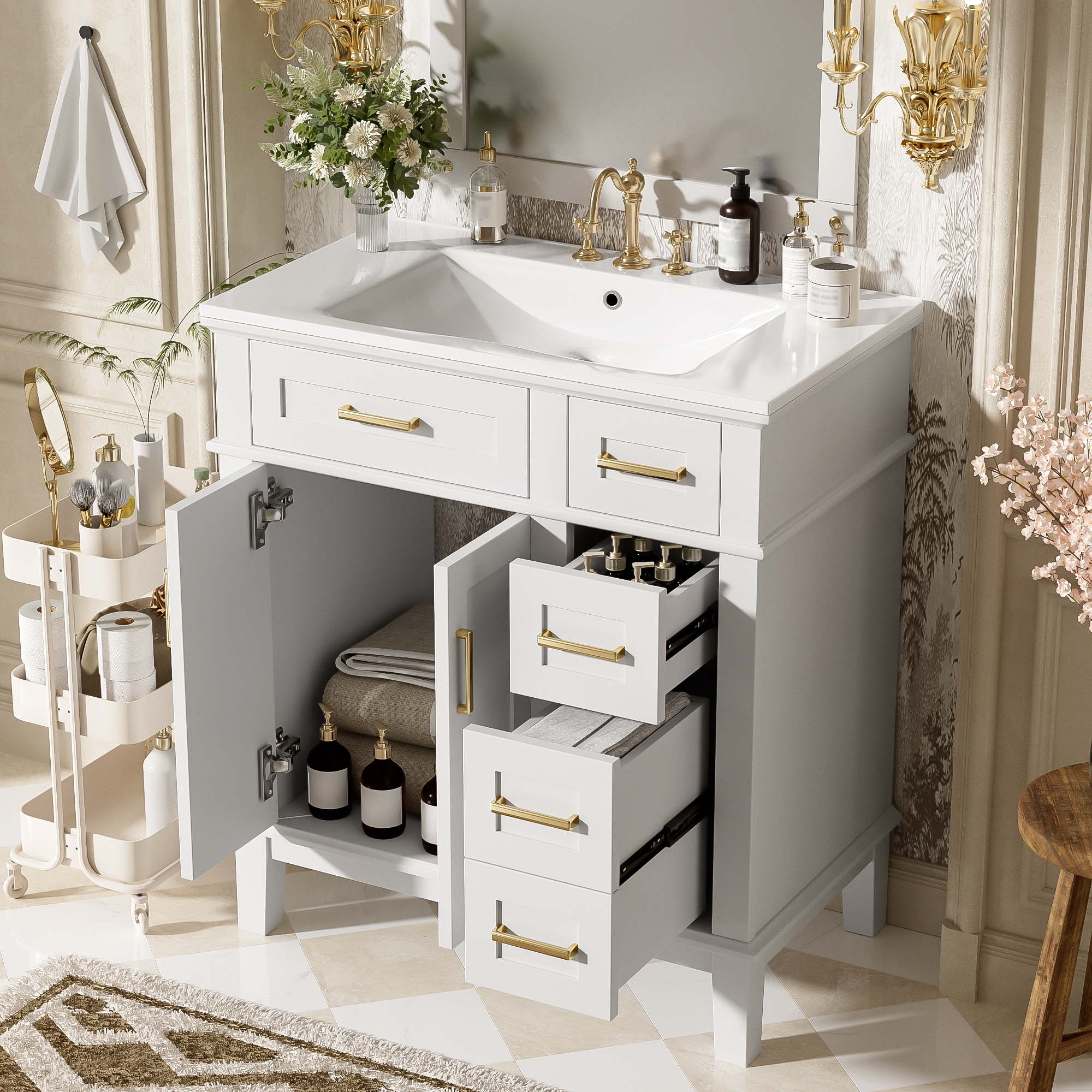 GDFStudio 345568 Max Modern Solid Frame and MDF Board 30 Inch Bathroom Vanity with Ceramic Sink with Deep Drawer White