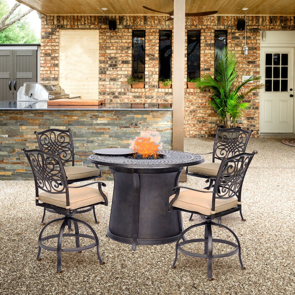 Tan Elegance 48" Aluminum High-Dining Fire Pit Set with 4 Swivel Chairs
