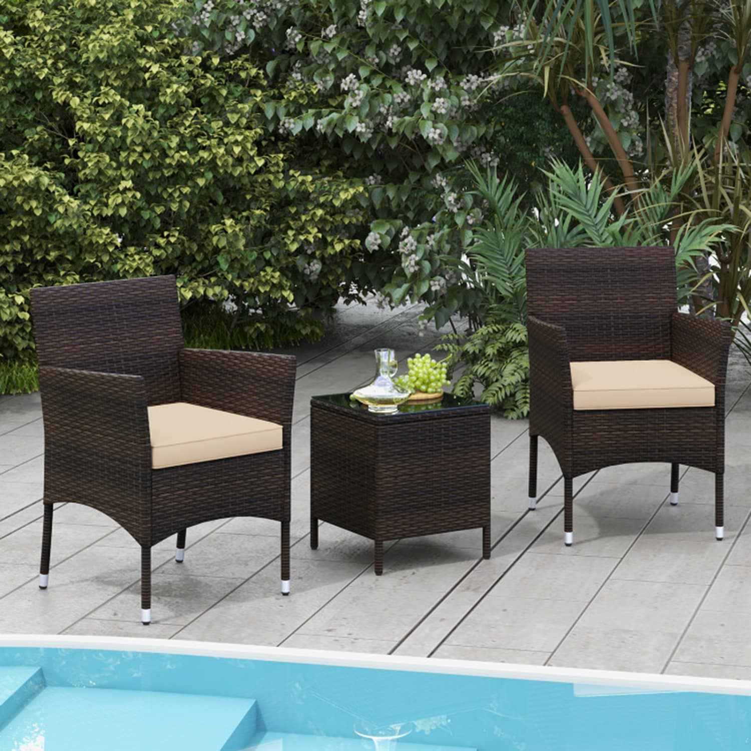 Dimakai DK-QS-00002 3 -Piece Rattan Patio Conversation Set with Beige Cushions