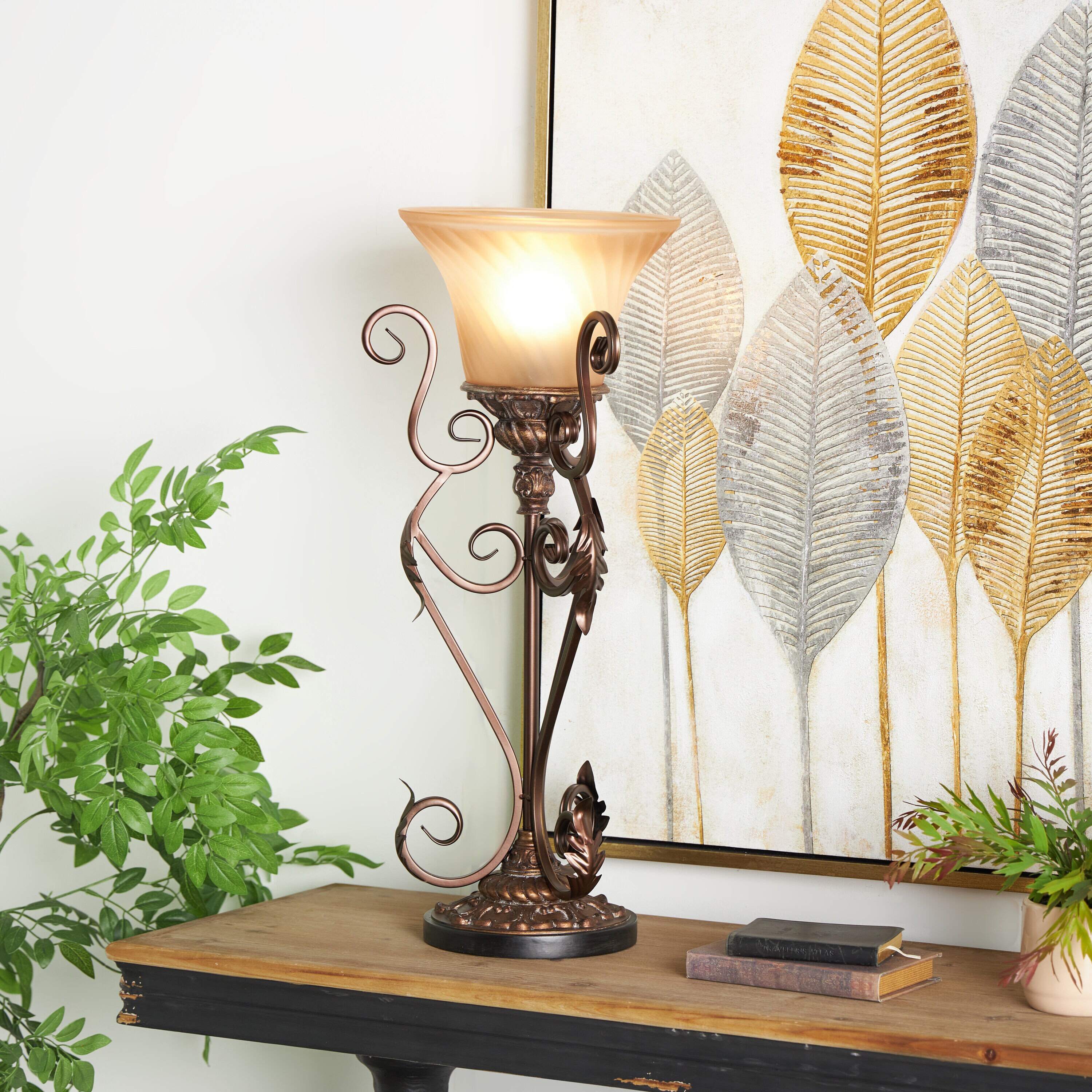 Grayson Lane 95779 29.3-in Brown Antique Style LED On/Off switch Uplight Table Lamp with Metal Shade