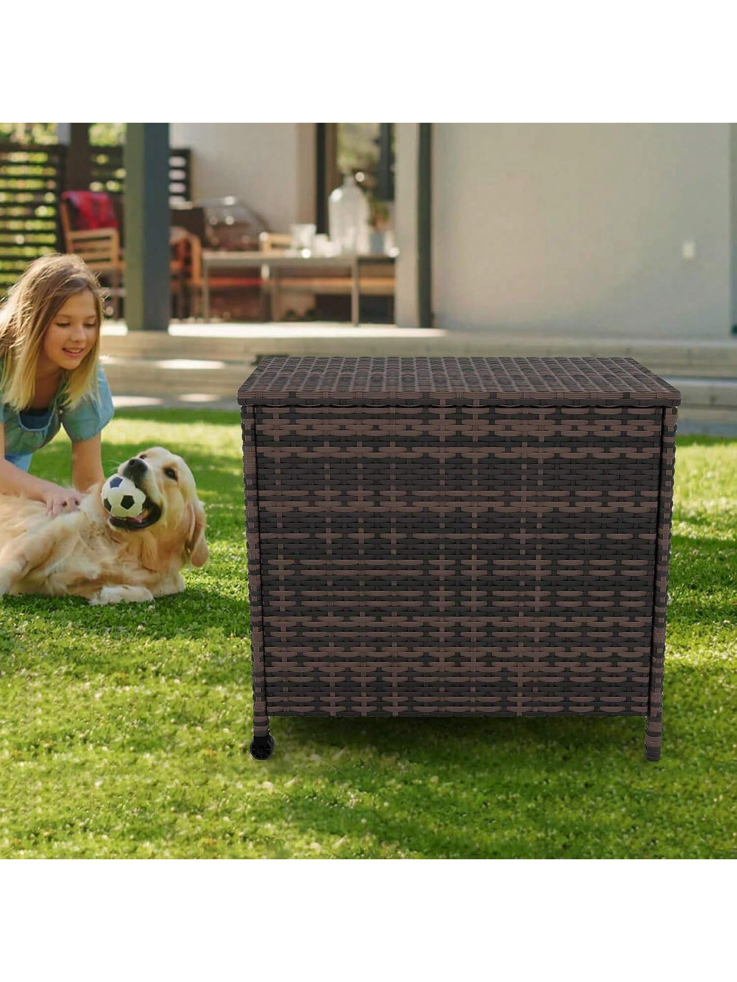 Qeetex PHO-34BY9QYV-HF4 80 Gallon Large Deck Box Waterproof PE Rattan Outdoor Storage Box with Handles and Wheels. Storage Bin for Garden. Balcony. Porch. Pool. Yard