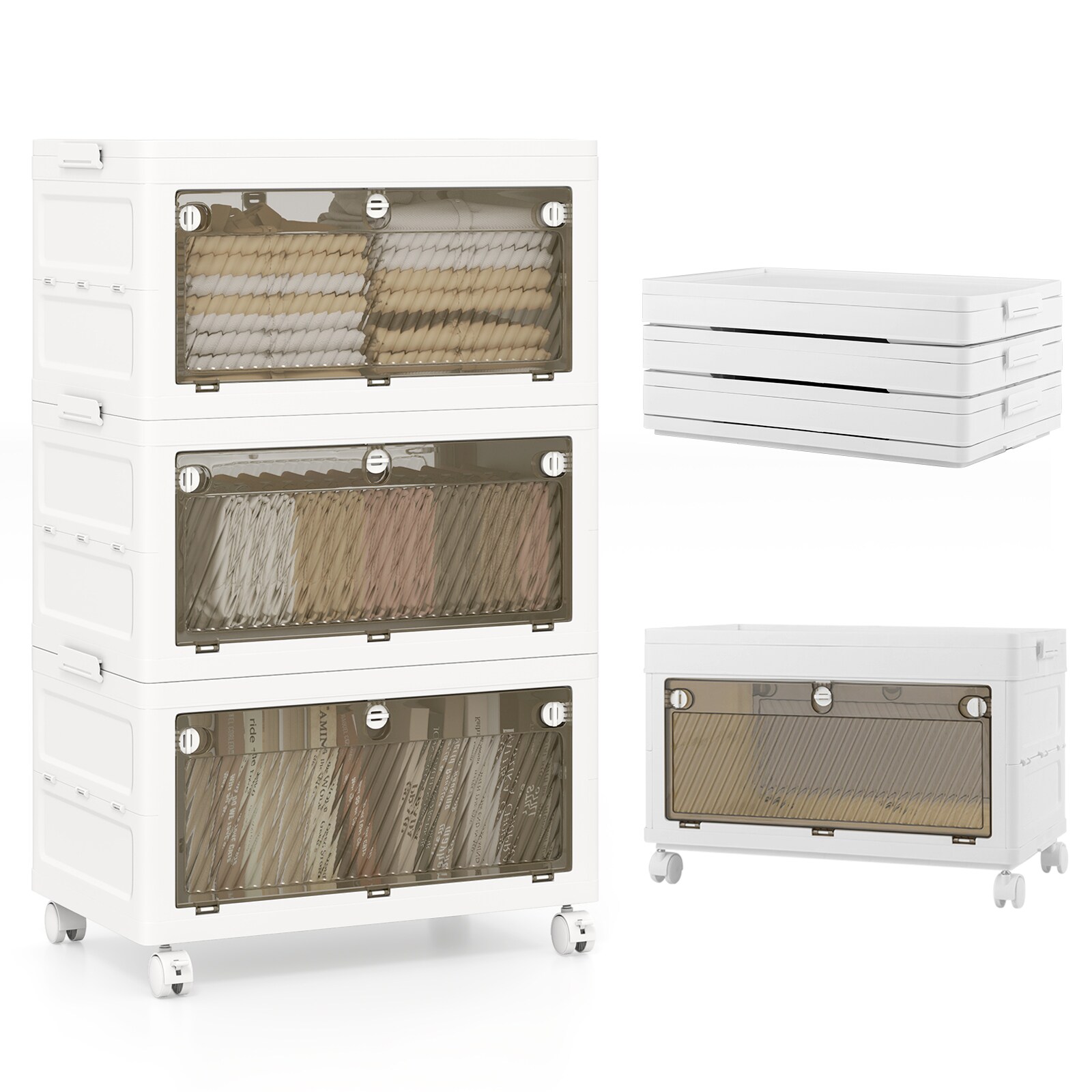 SUGIFT 33-Gal 3-Pack Stackable Quick-Fold Plastic Storage Bins With Lid 21-in L x 13-in W x 35.5-in H Storage Containers