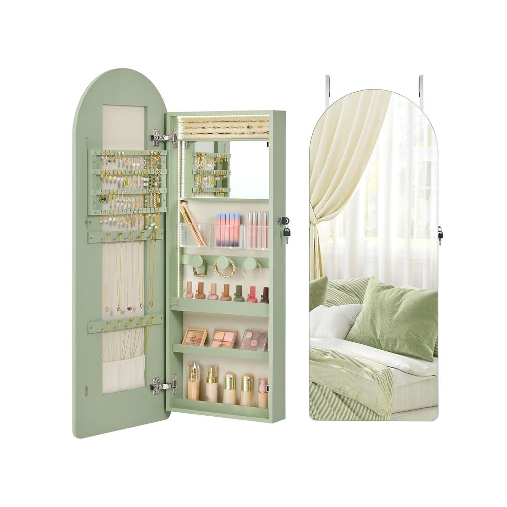 Slickblue Arched Mirror Wall Jewelry Cabinet Laurel Green Hanging Jewelry Armoire with LED Lights for Bedroom Use