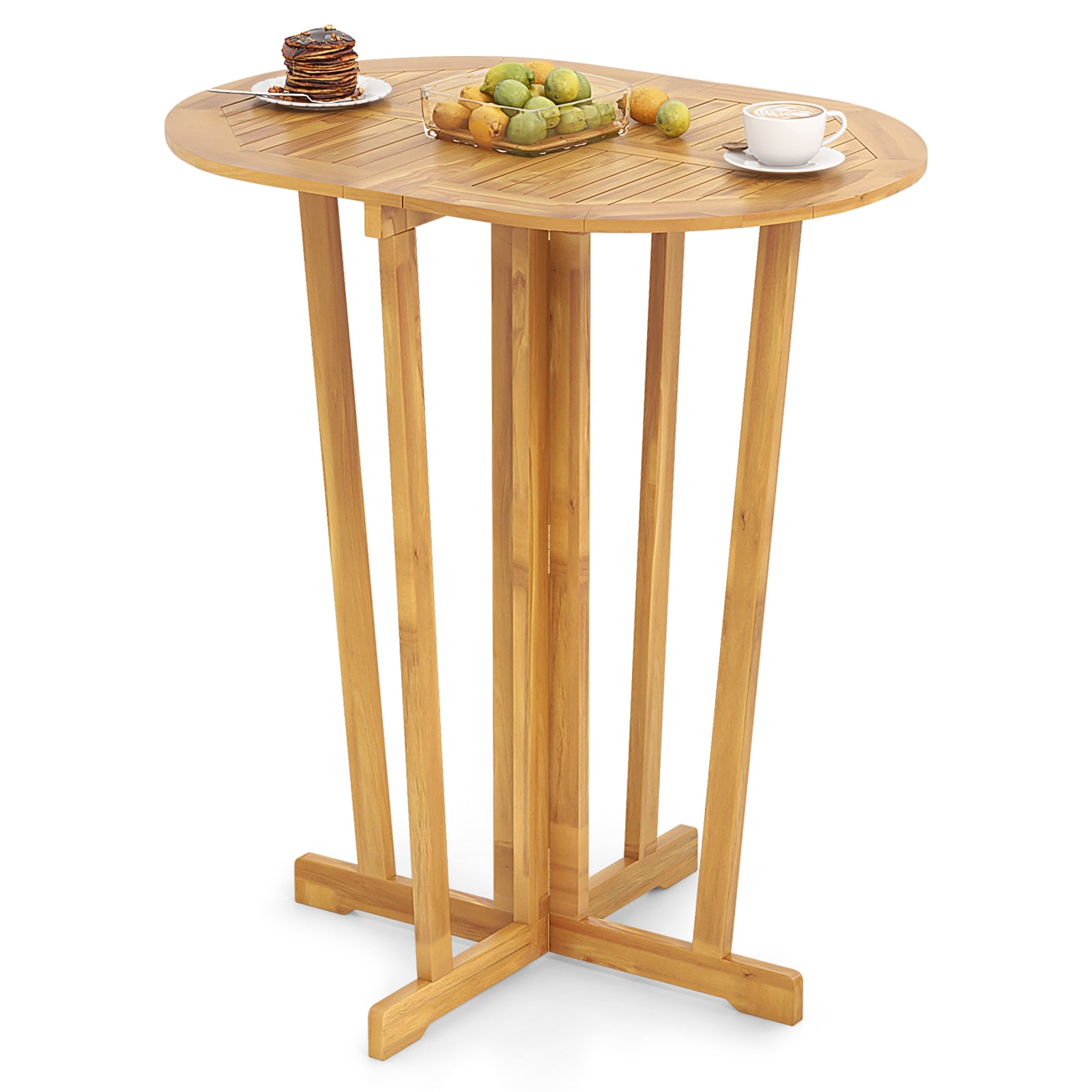 Slickblue Oval Wooden Folding Bar Height Table Stable Cross Base for Patio Deck or Balcony