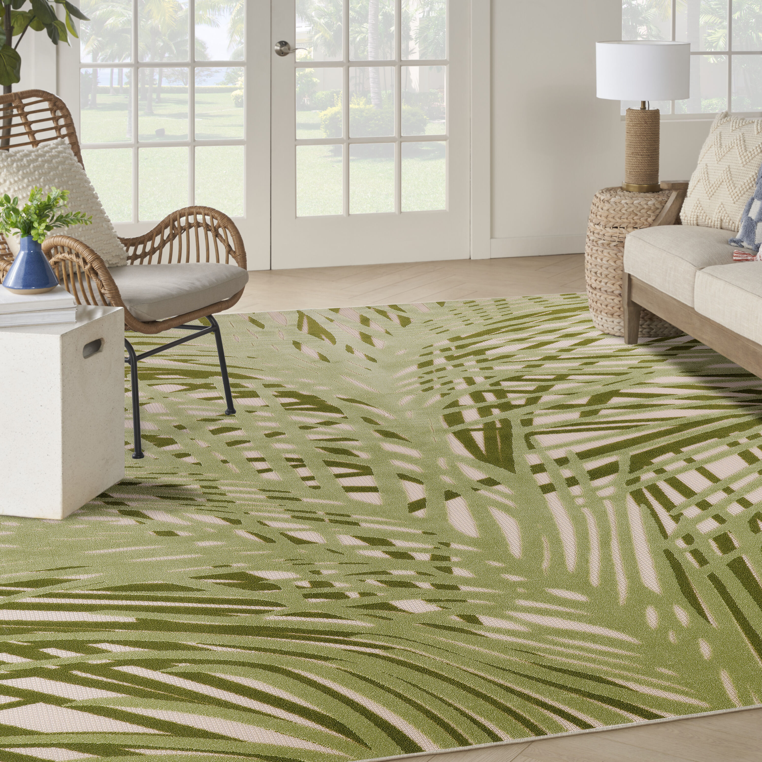 8' x 11' Green and Ivory Floral Indoor Outdoor Area Rug
