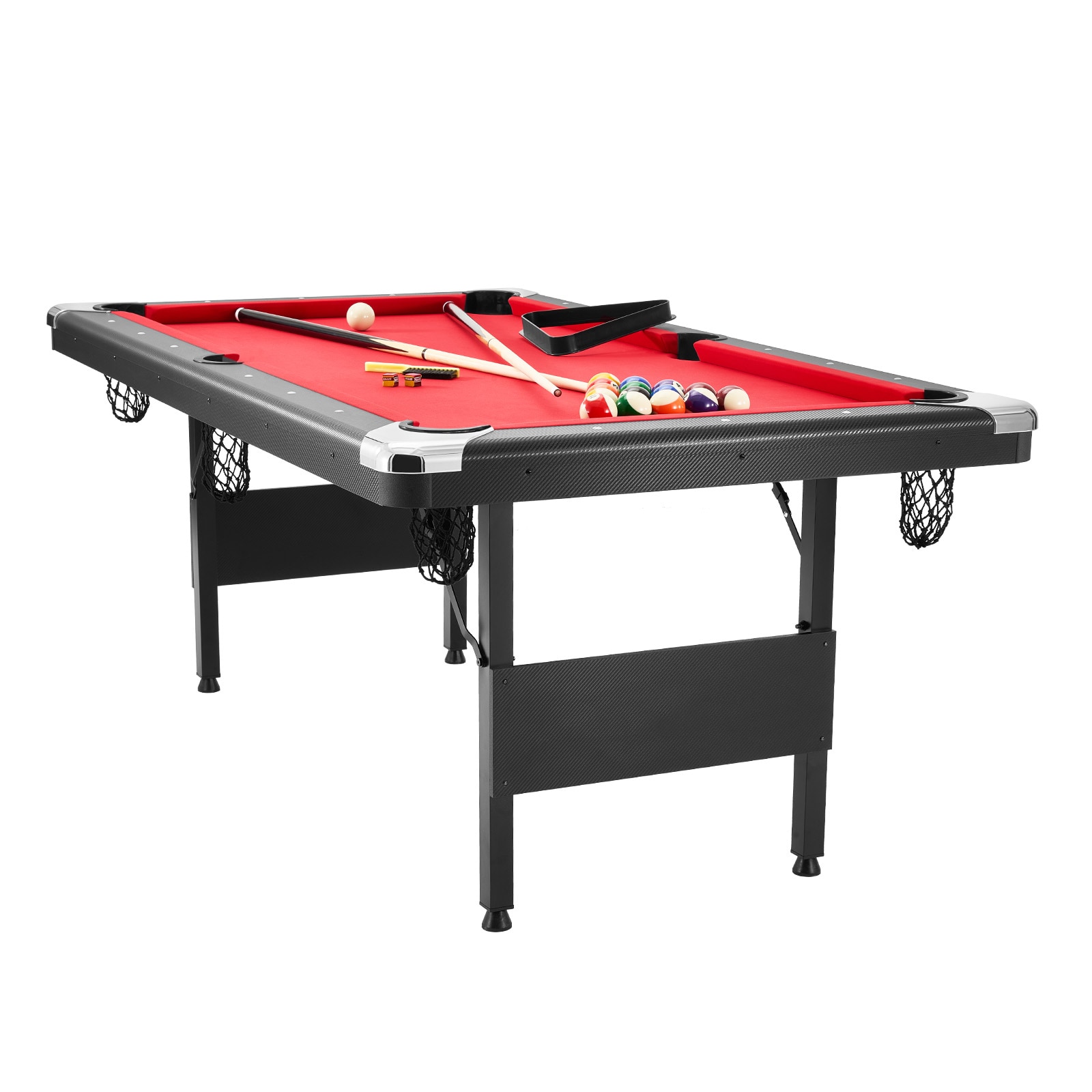 GIVIMO 6.3-ft Billiards Table - Portable Foldable Space-Saving Pool Table - Billiard Set with Balls - Cues - Chalks and Brush - Black with Red Cloth for Family Game Room