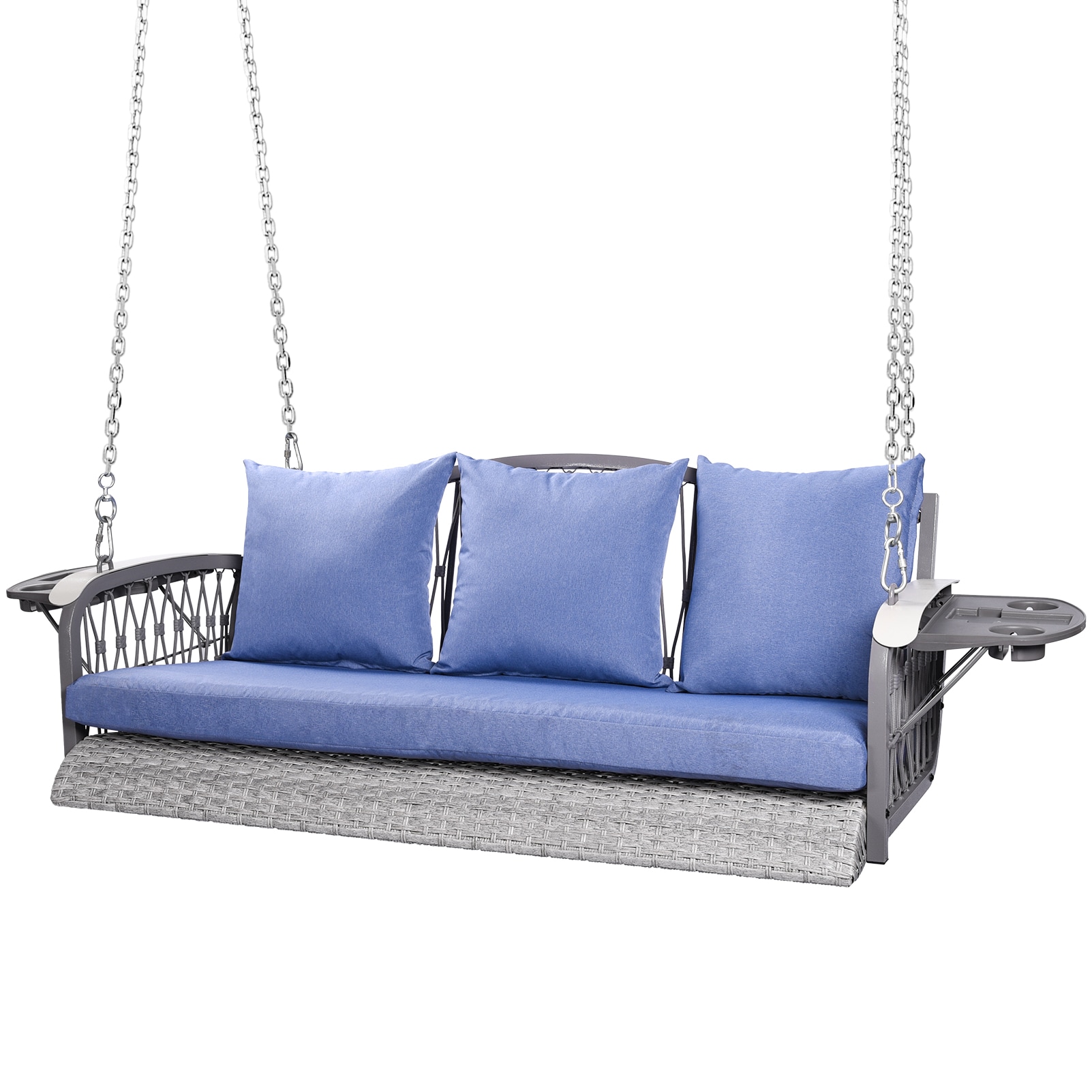 Upland Wicker Porch Swing Heavy Duty 900 LBS 3-Seat Outdoor Patio Swing Chair with Cushions 8.9ft Chains Outdoor Hanging Bench with Upgraded Cup Holders for Garden Deck Backyard Gray Metal Trapeze Swing