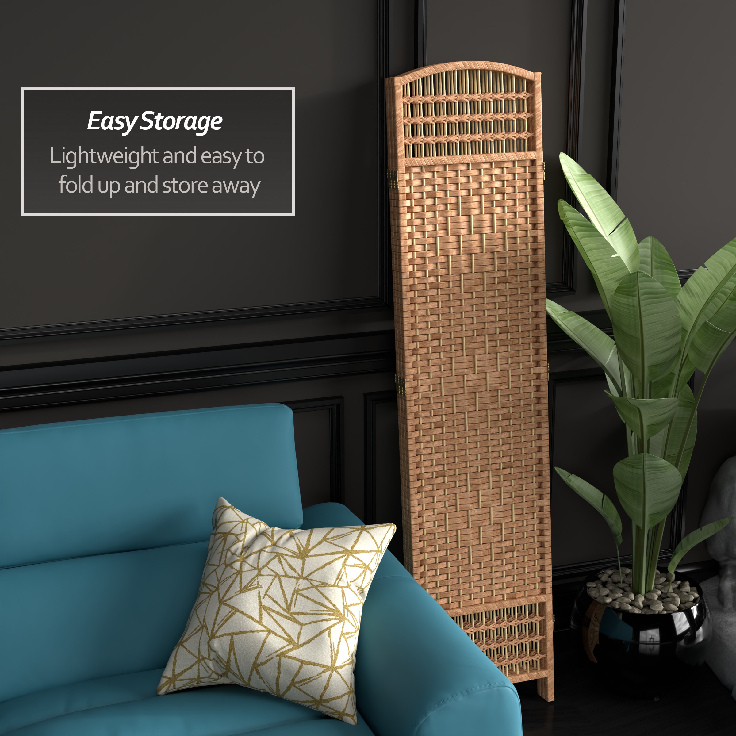 Natural Fiber and Wood 3-Panel Folding Room Divider
