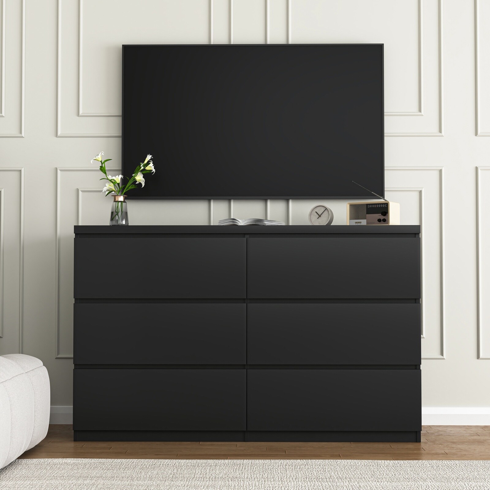 Horizons Prime 47 inch Black Particle Board 6 Drawer Storage Cabinet Dresser with Handless Design and Large Storage Space