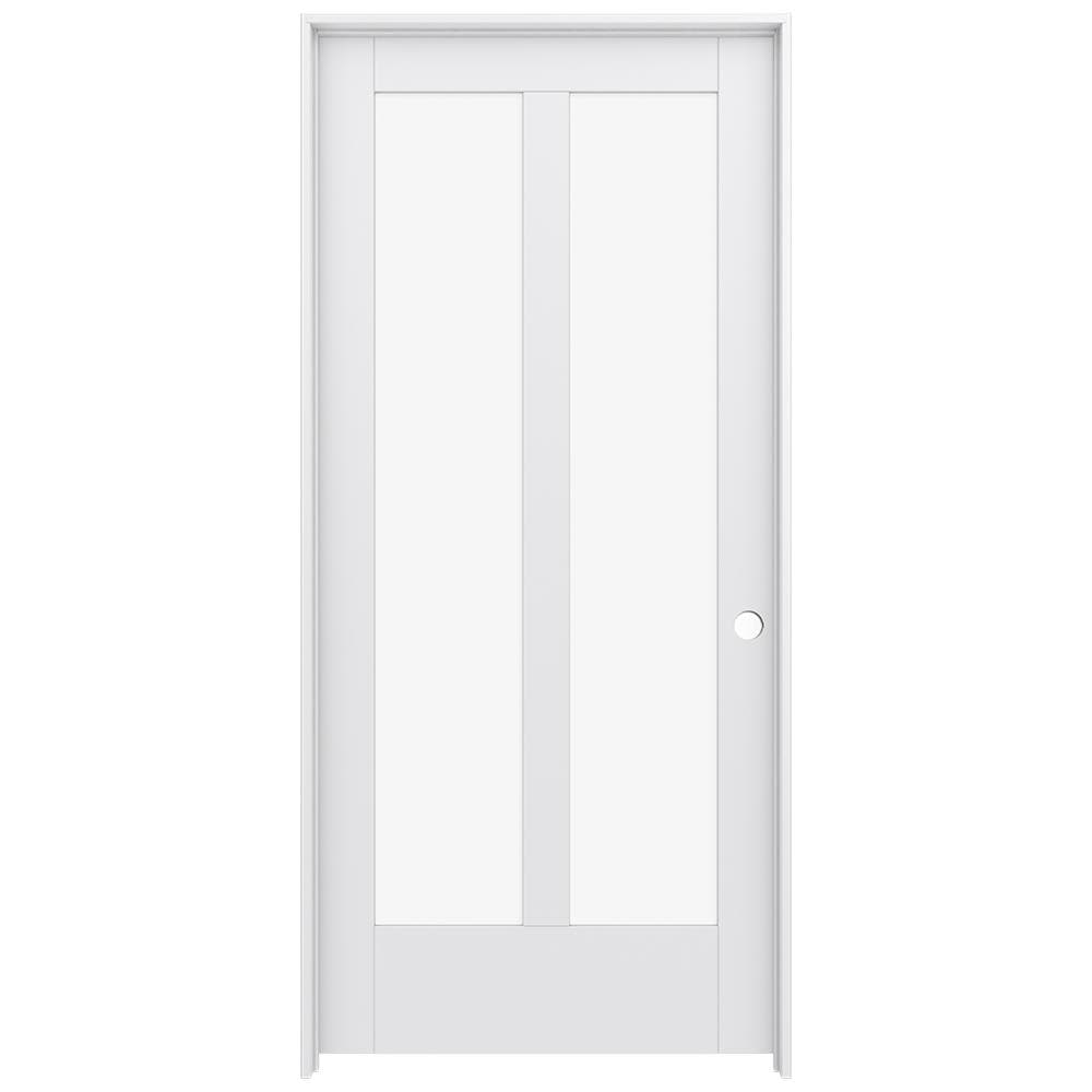 JELD-WEN LOWOLJW221100689 36-in x 80-in Primed Solid core 2-panel square Clear glass Left hand Smooth Primed MDF Flat Jamb Single Prehung Interior Door