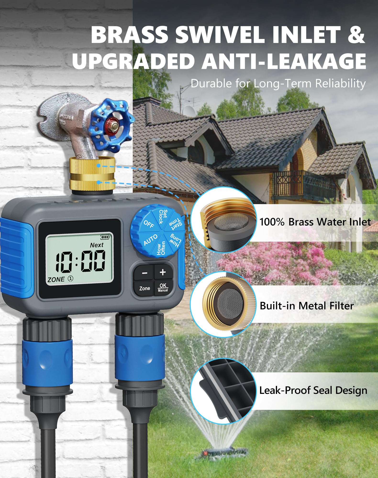 Aoibox 2 Zone Digital Sprinkler Timer with Brass Swivel Rain Delay and ...