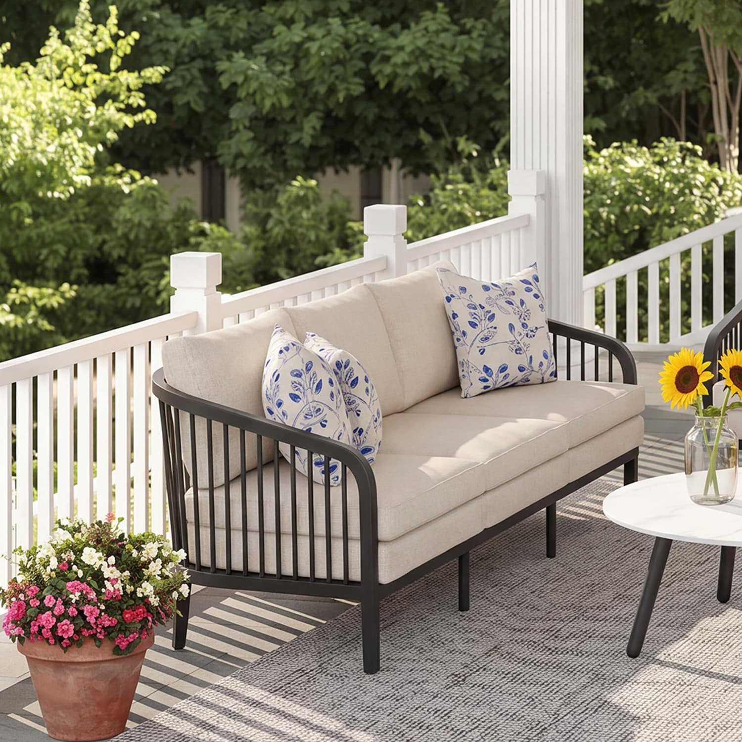 PEAK HOME FURNISHINGS Asheville Outdoor Sofa with Beige Cushions and Aluminum Frame