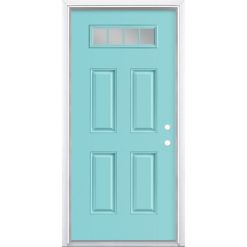 Masonite 898039 36-in x 80-in x 4-9/16-in Fiberglass 1/4 lite Left-hand inswing Caribbean Blue Painted Prehung Front Door with Brickmould Insulating core