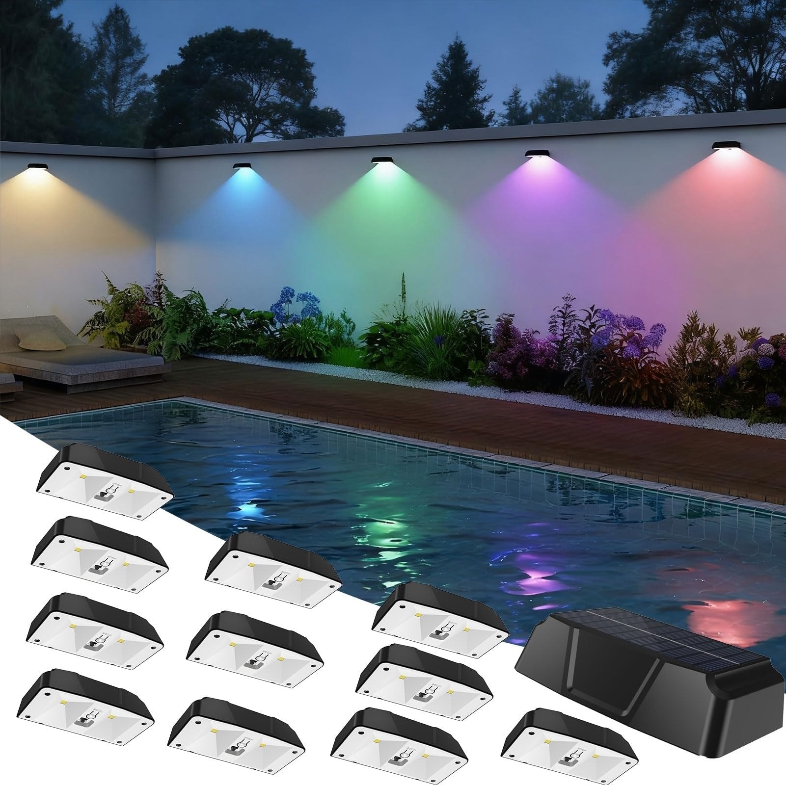 AOIZGMY  Solar Fence Lights Outdoor 10 Color Modes RGB Changing IP65 Waterproof Auto On Off Solar Powered Lights for Garden Patio Deck Stairs