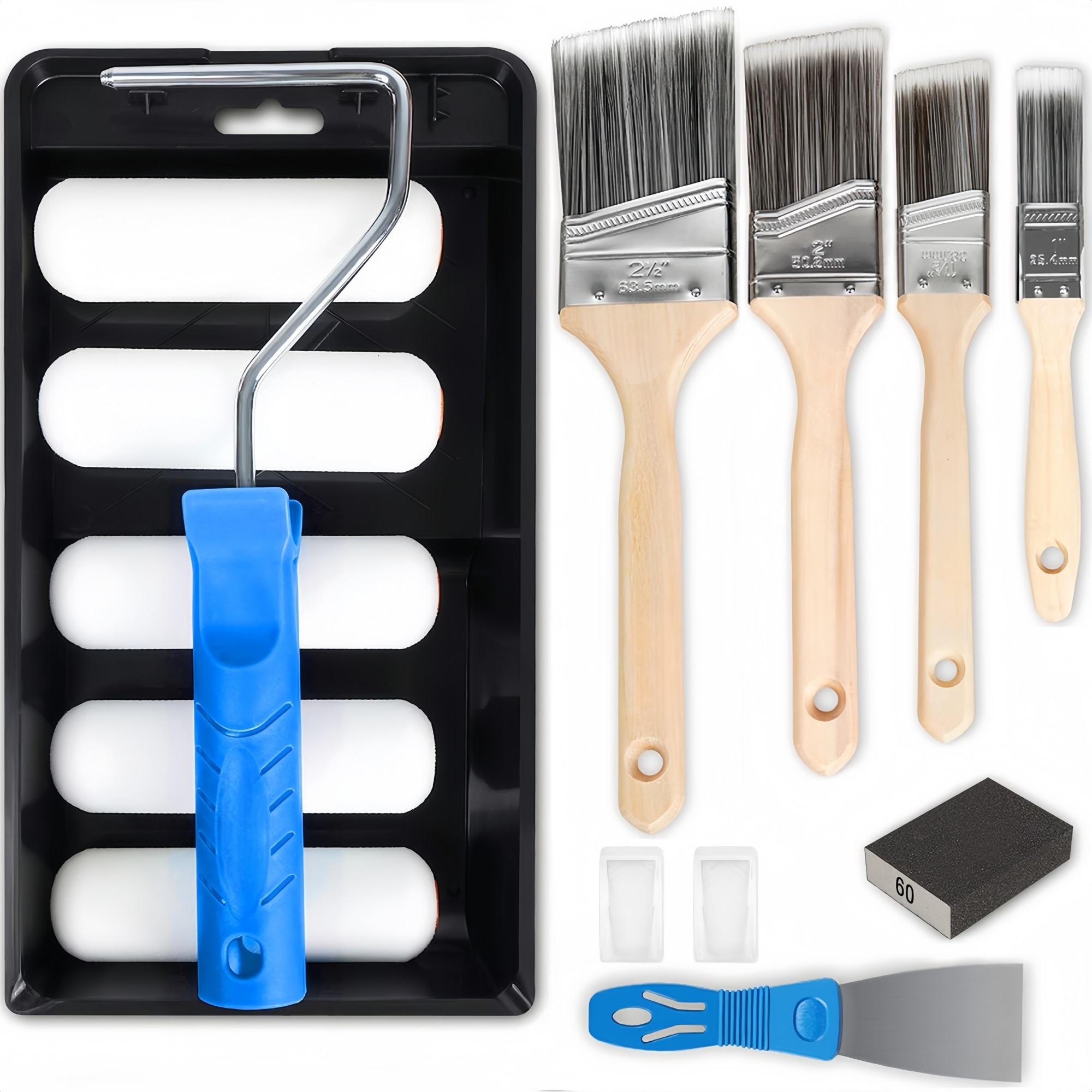 Numhew 4in W 12-Piece Black Blue White Paint Roller and Brush Kit Small All-in-One Paint Tools Set #NHLYNN23790