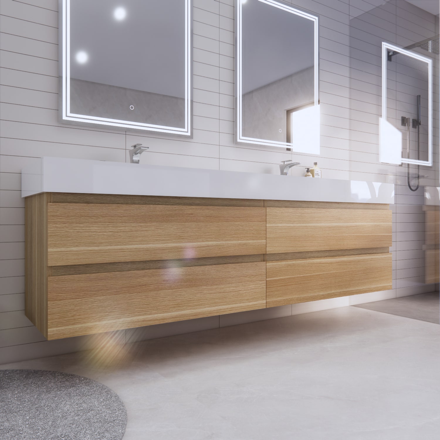 Side-and-front angled view of floating vanity with mirrors