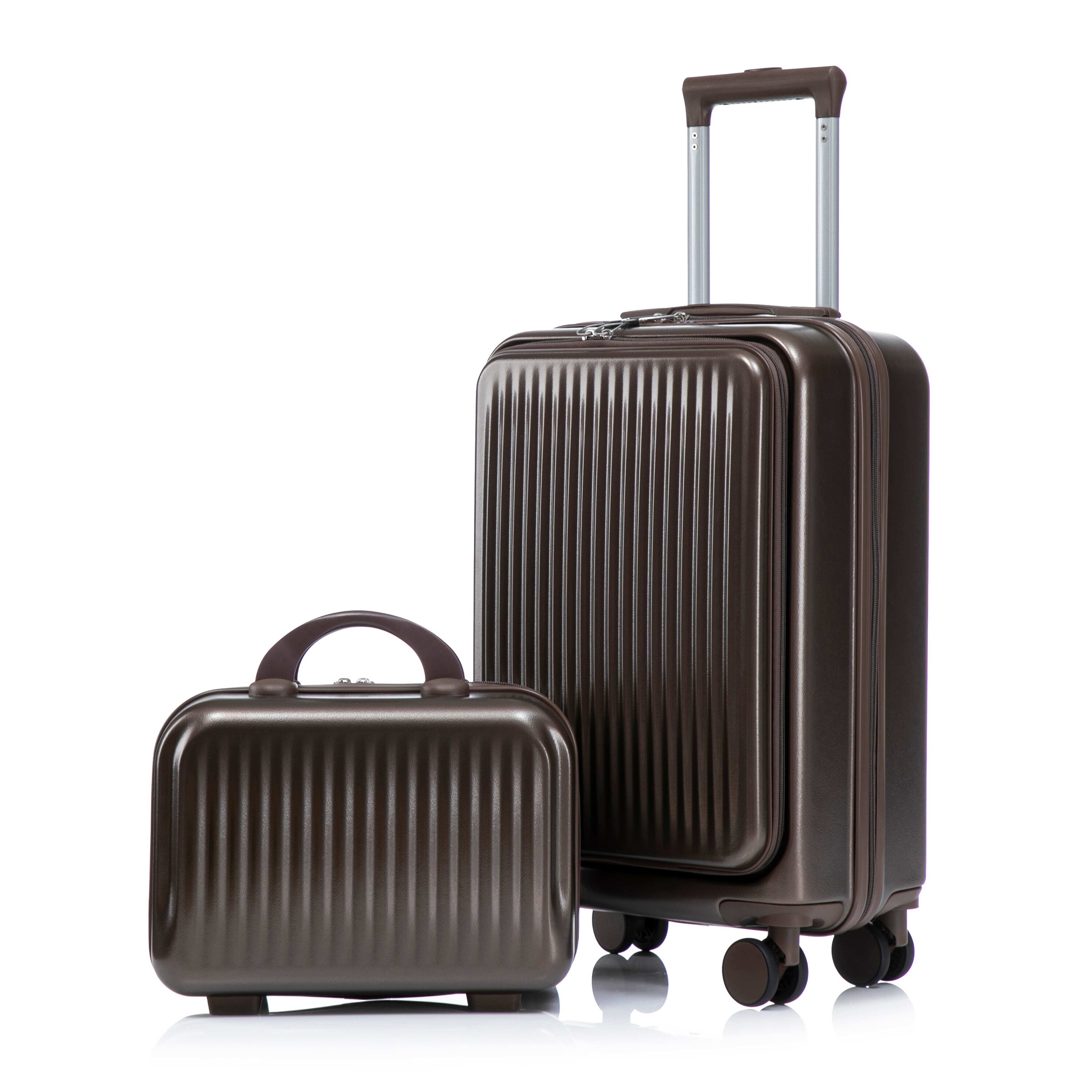 Vynxaria  2 Piece Brown ABS Hardside 360 Silent Spinner Wheels Front Opening Combination Lock Luggage Set 14 20 in