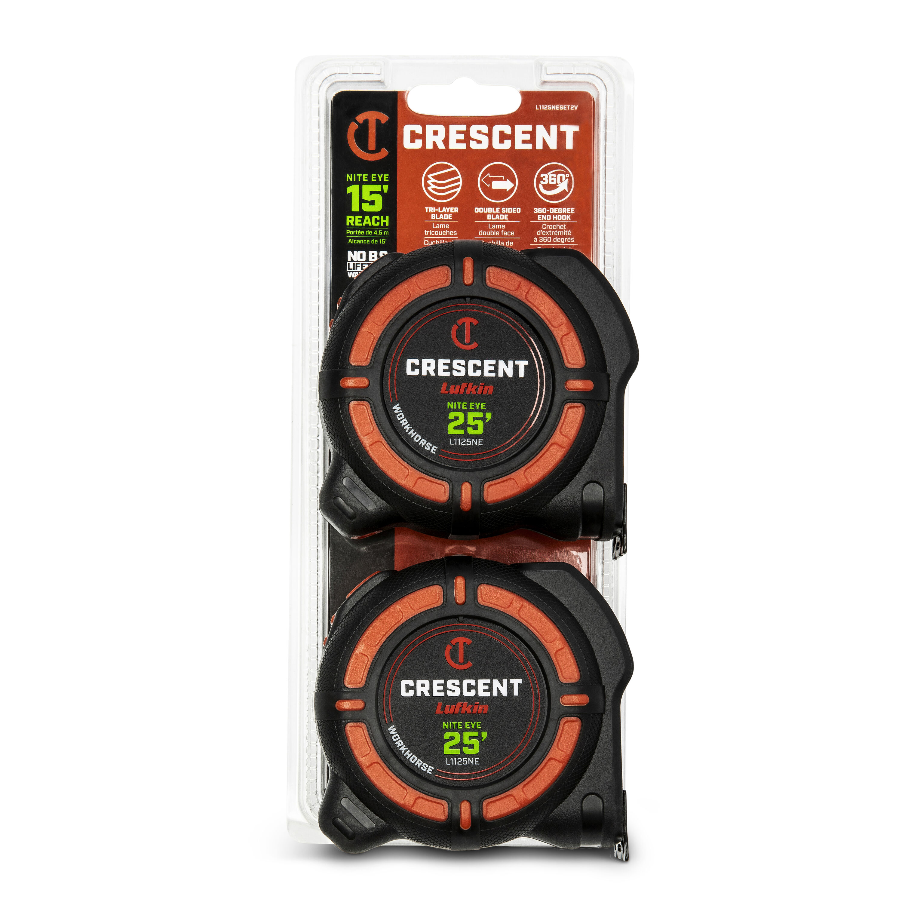 Crescent Lufkin L1125NESET2V WORKHORSE Nite Eye 2 -Pack 25-ft Tape Measure