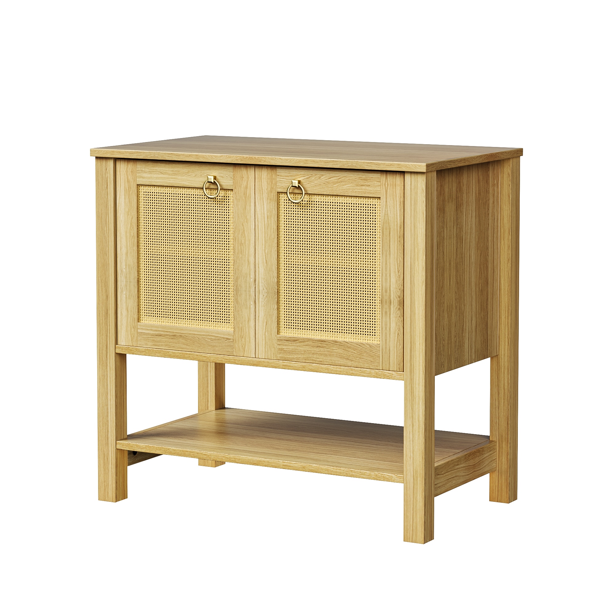 LOVMOR Rattan Nightstand with 2 Doors and Storage Shelf Boho Bedside Narrow Side Table for Bedroom in Carbon Cherry