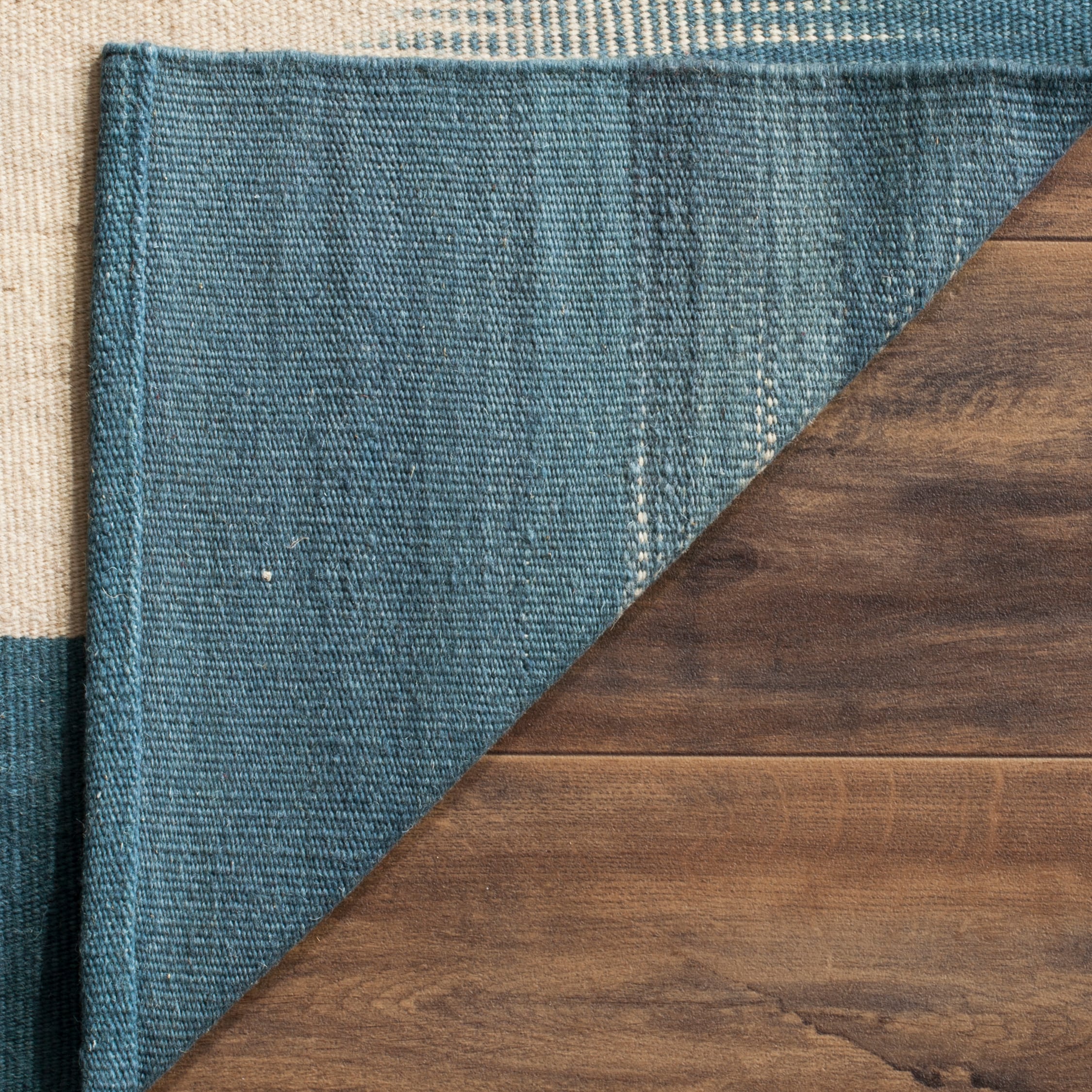 Light Blue and Beige Wool Flat Woven Reversible Rug, 4' x 6'