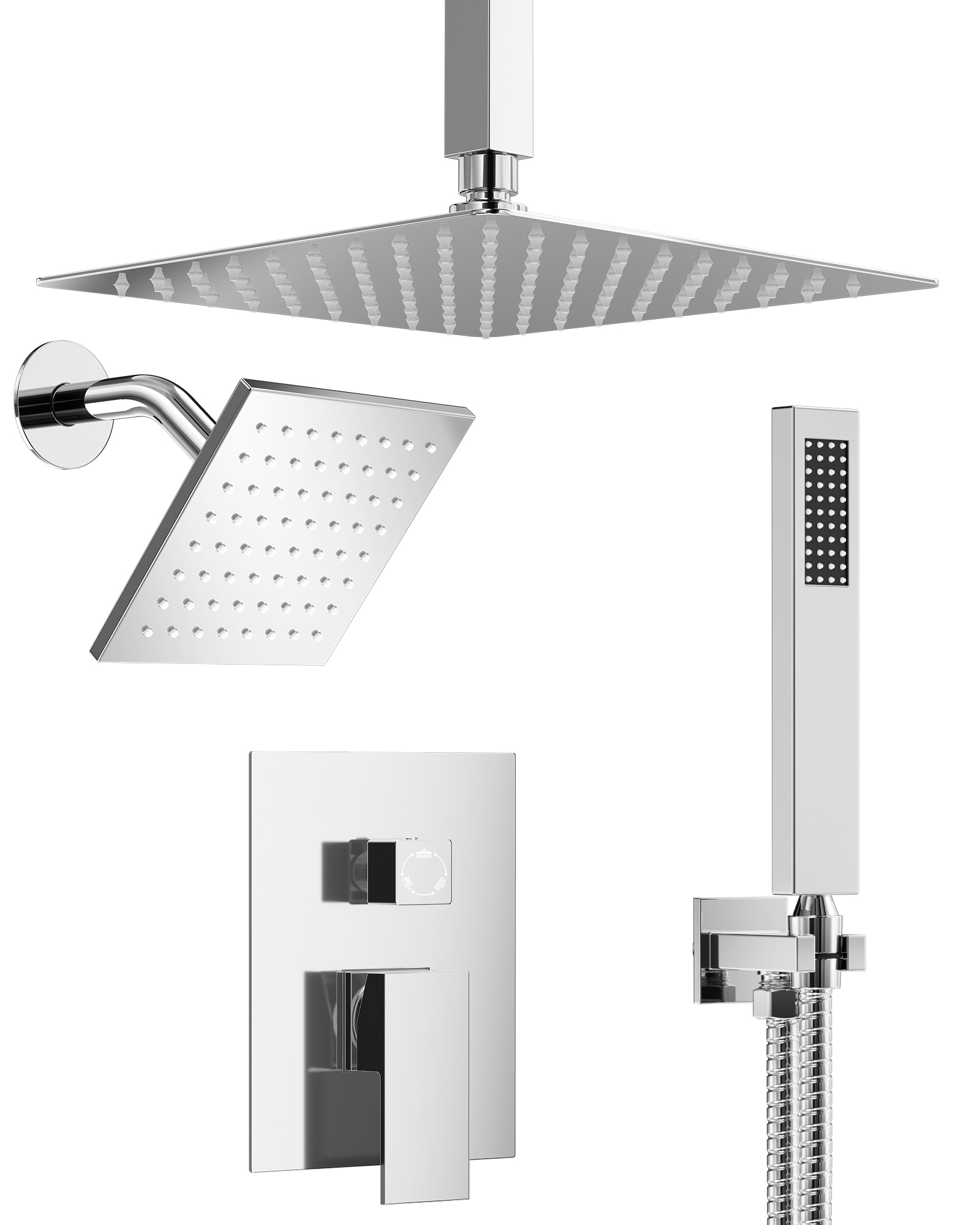 GRANDJOY  Shower Faucet System Ceiling Mount Chrome 10 Inch and 6 Inch Square Dual Head Built In 3 Way Diverter with Handheld Pressure Balanced Valve Included