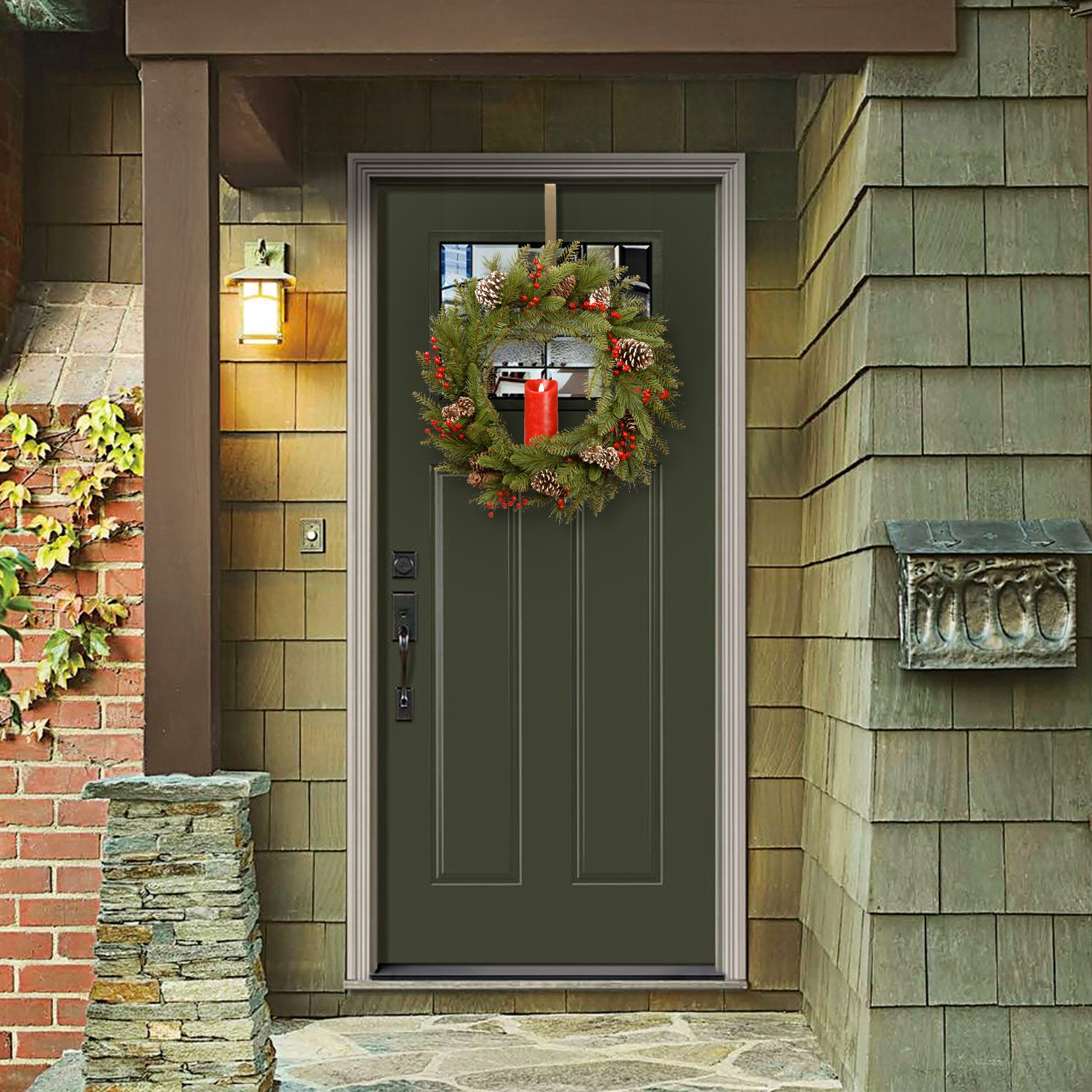 Bristle Berry Pine 24" Artificial Christmas Wreath with Flickering Candle