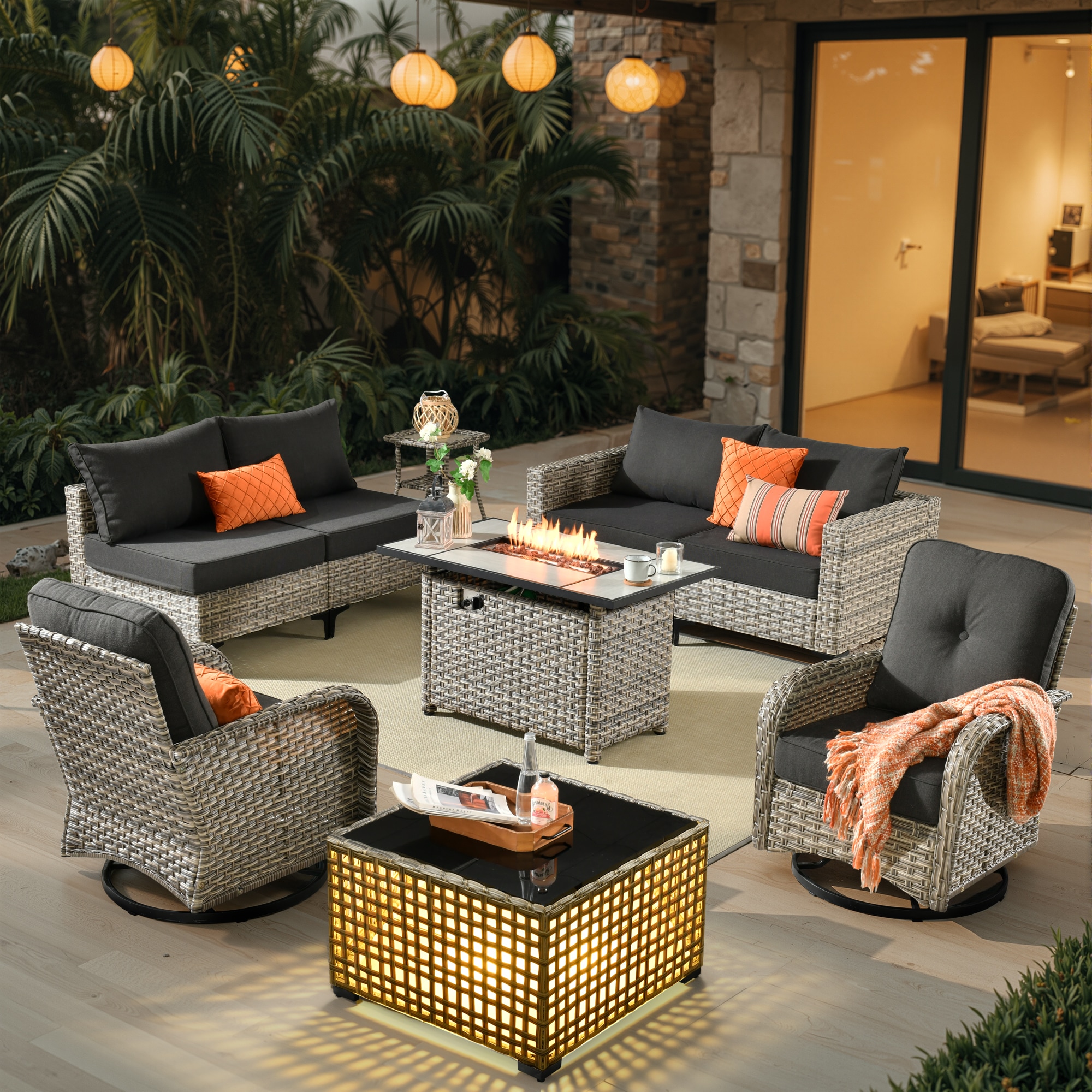 weaxty CFPDSCRRSYZVNC109 9 -Piece Wicker Patio Conversation Set with Black Cushions