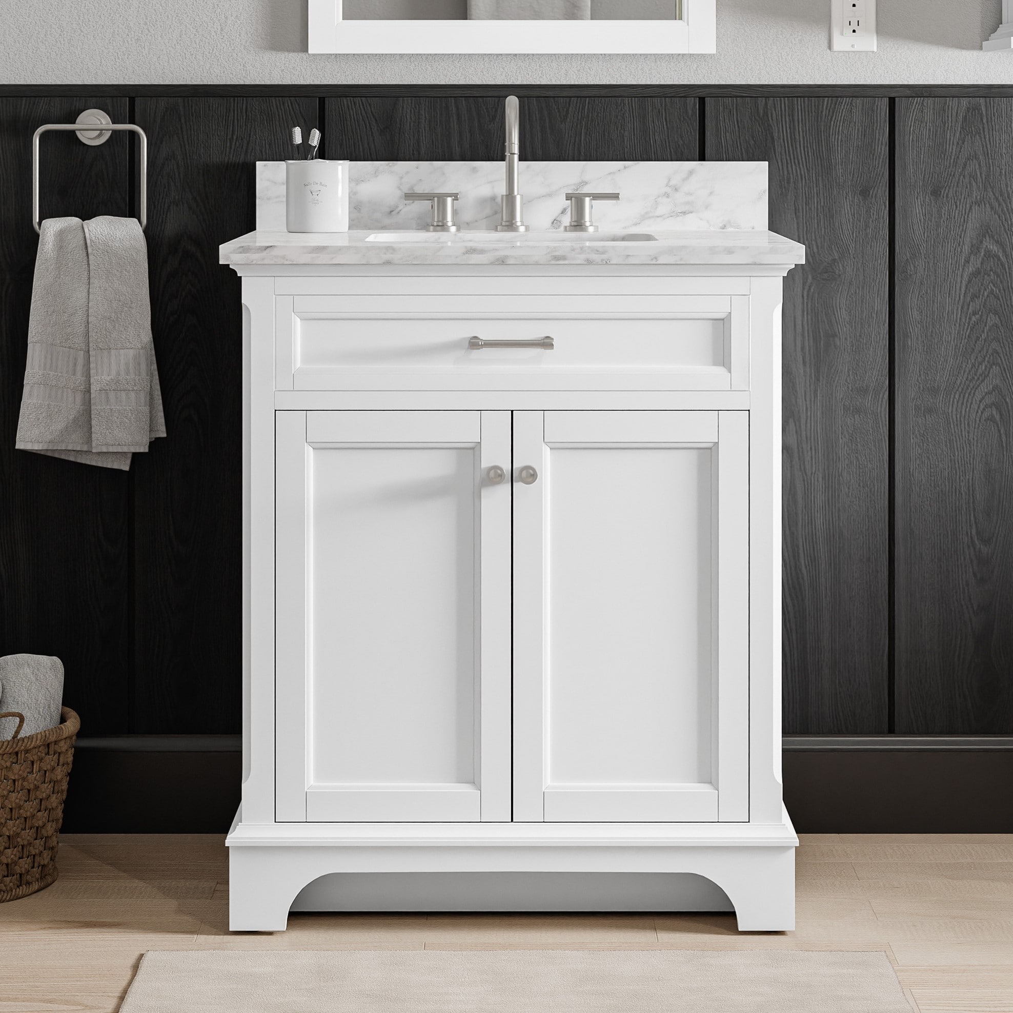 Roveland 30-in White Undermount Single Sink Bathroom Vanity with Carrara Natural Marble Top | - allen + roth 2026VA-30-201-900L