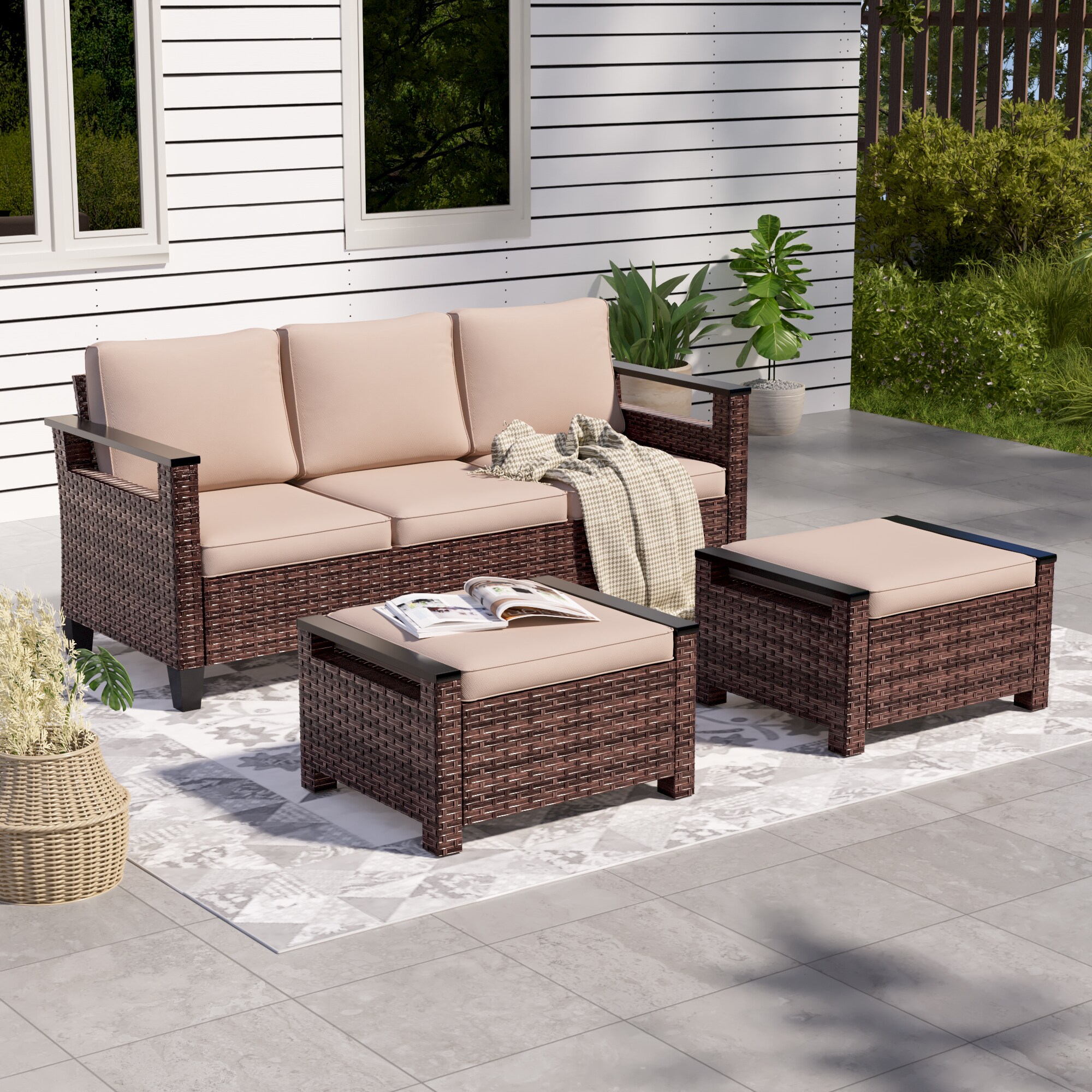 Sonkuki SD-PS-126S1BSD Patio Conversation Set 3 -Piece Wicker Patio Sofa Conversation Set with Beige Cushions