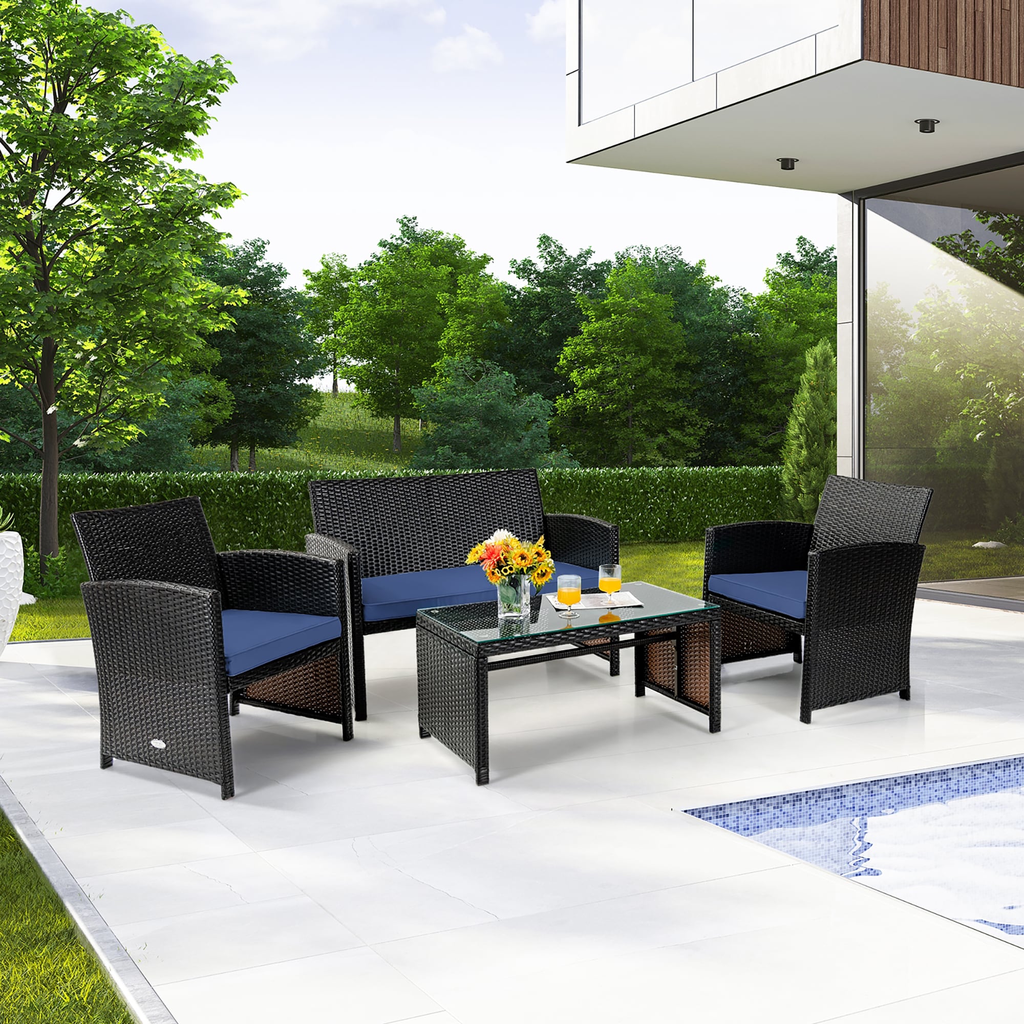 BABOOM BOM-64NY-CO 4 -Piece Rattan Patio Conversation Set with Blue Cushions