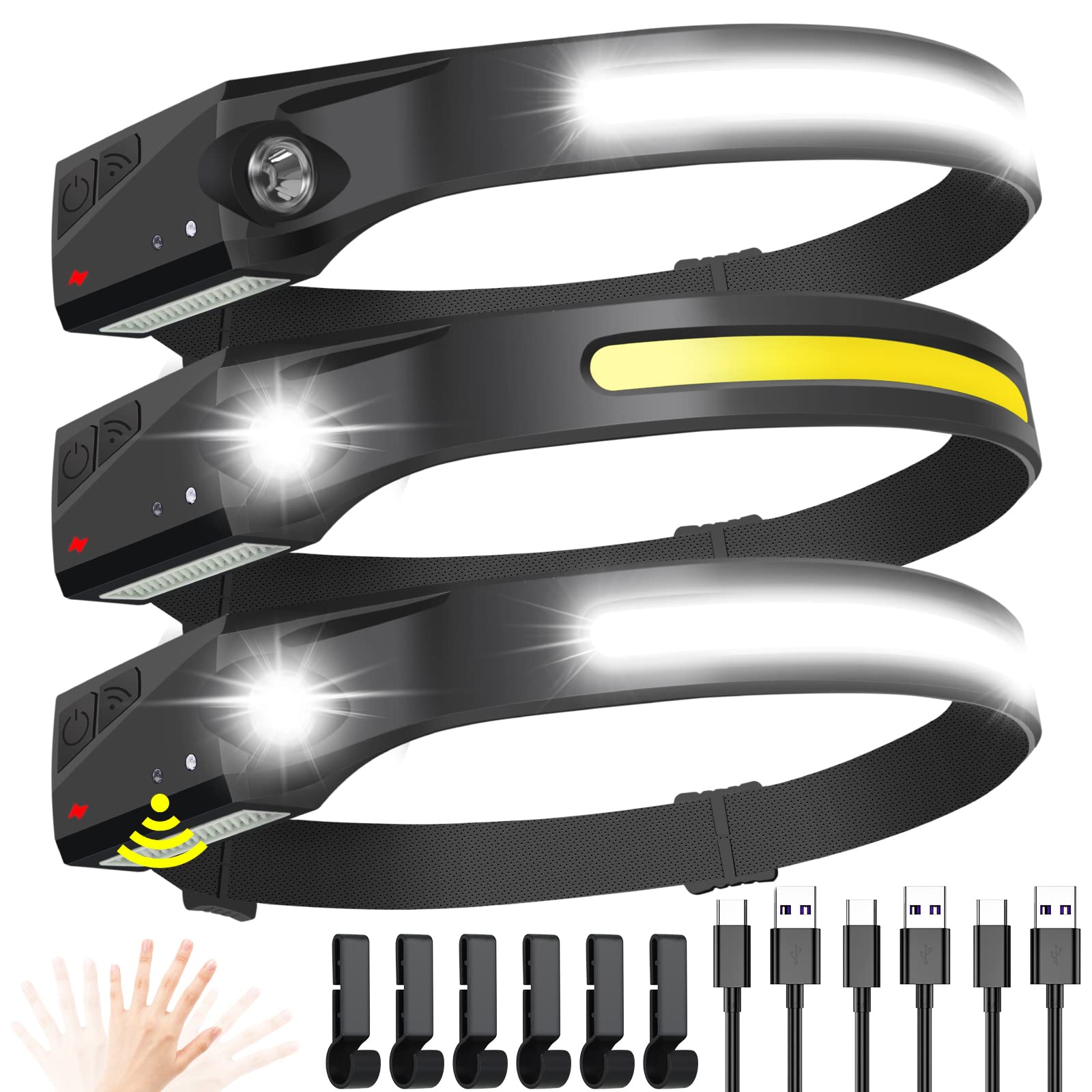 SenQWFa renewable power LED Headlamp 3 Pack Wide Beam Sensor Headlight Light for Outdoor Work and Activities durable home and garden accessory #LDC0821C250