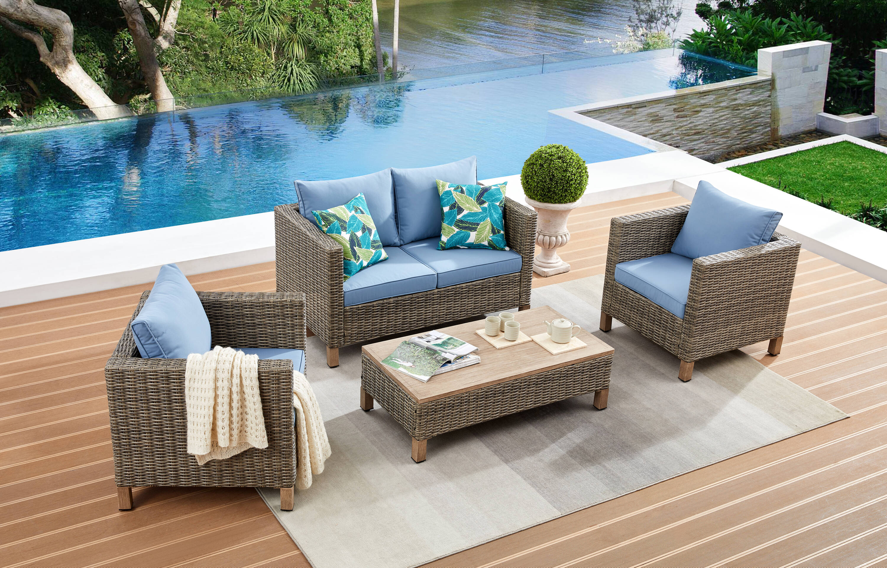 EDYO LIVING SMX08-BL 4 -Piece Wicker Patio Conversation Set with Orange Cushions