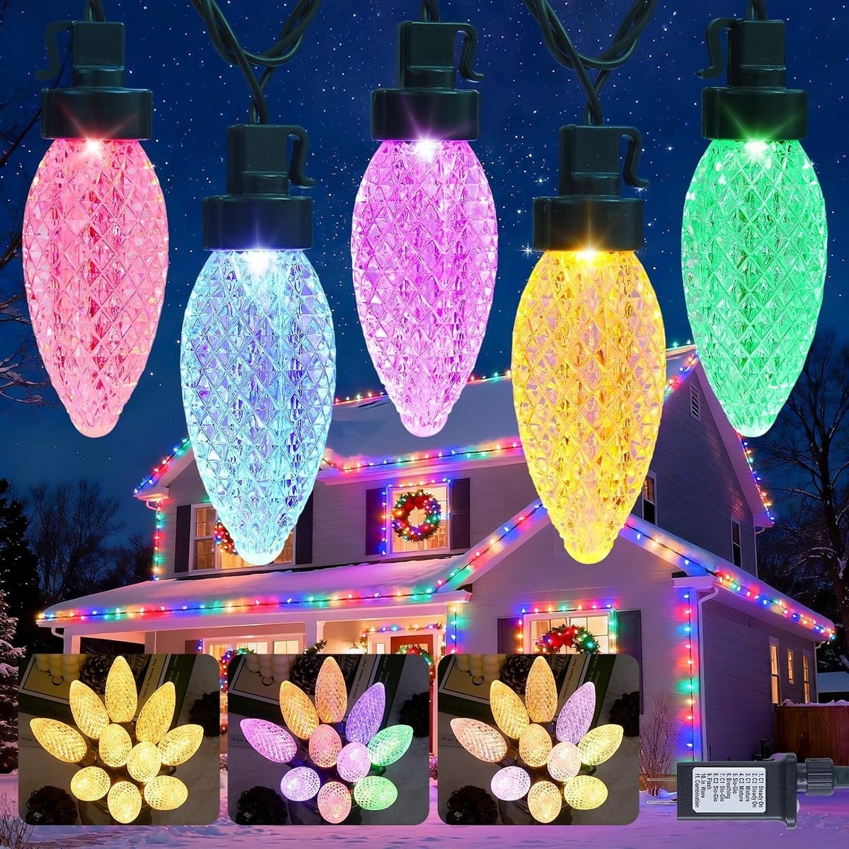 Pacrigo  10 Pack Jumbo C9 LED Christmas Lights Outdoor 14.7ft RGB Color Changing Multicolor to Warm White Twinkle String Lights for Roof Eaves House Holiday Decor