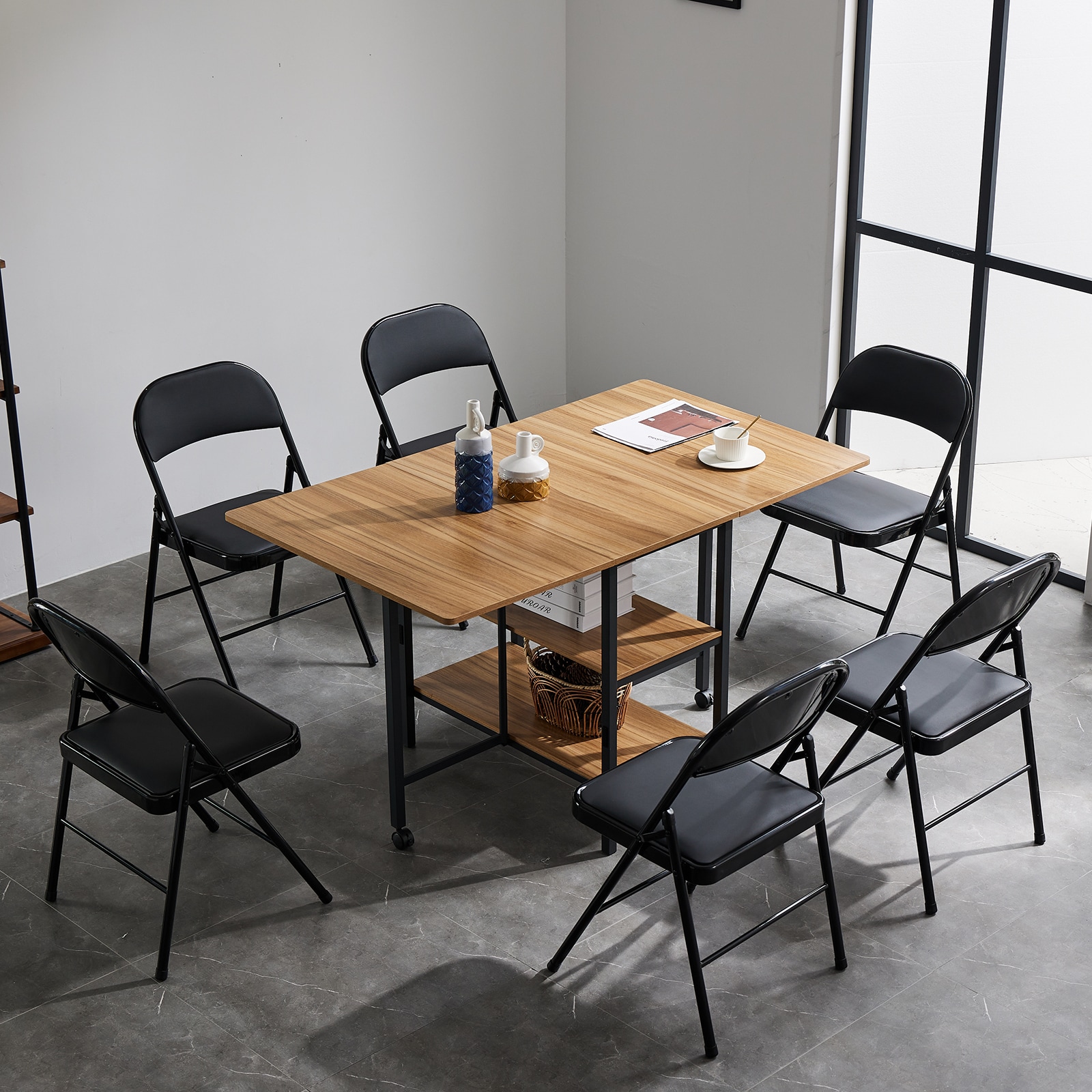 Black Steel Folding Dining Chairs with Padded Seats, Set of 4
